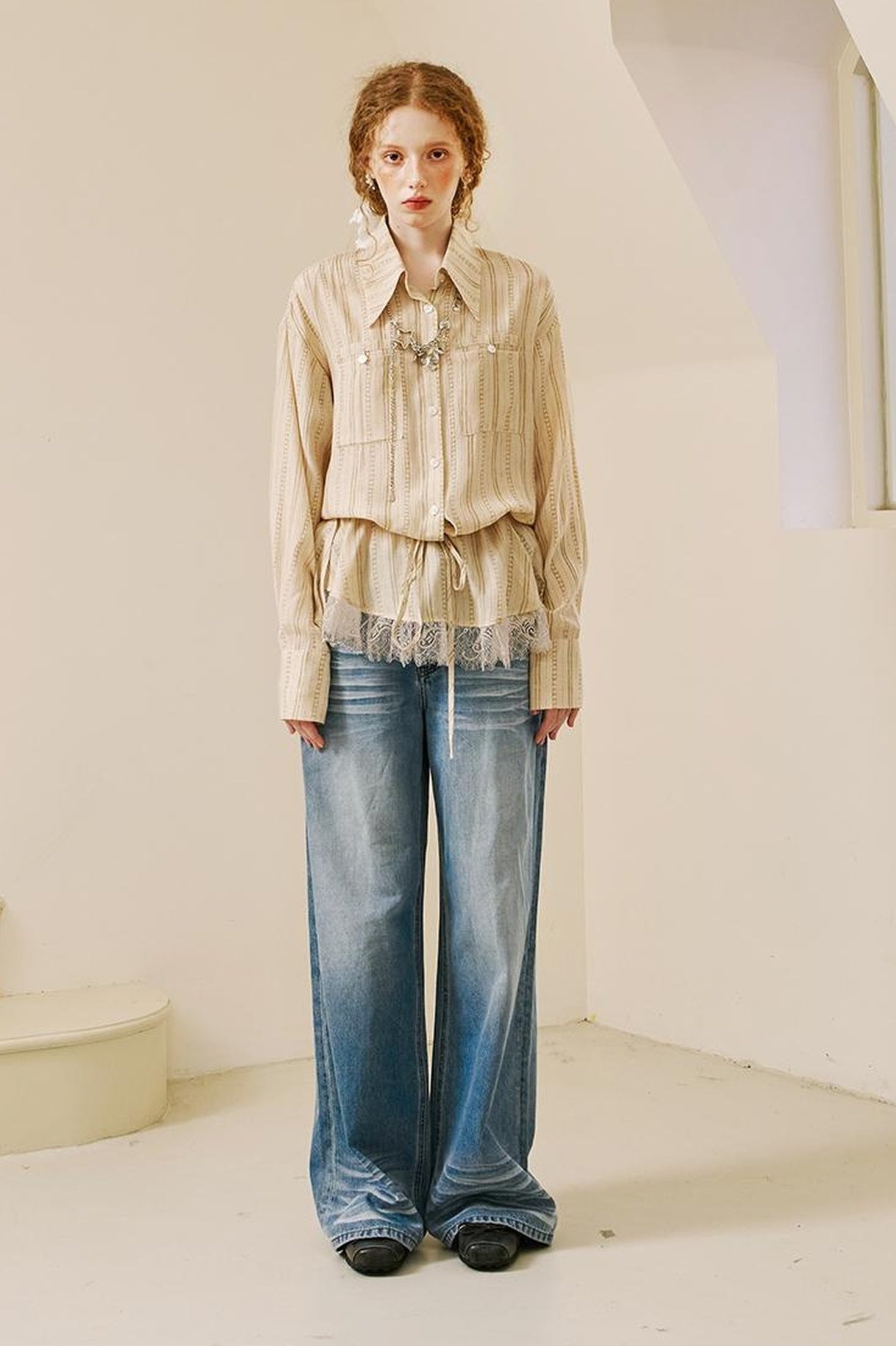 DIDDI MODA Vintage Lace Hem Drawstring Shirt Relaxed Fit