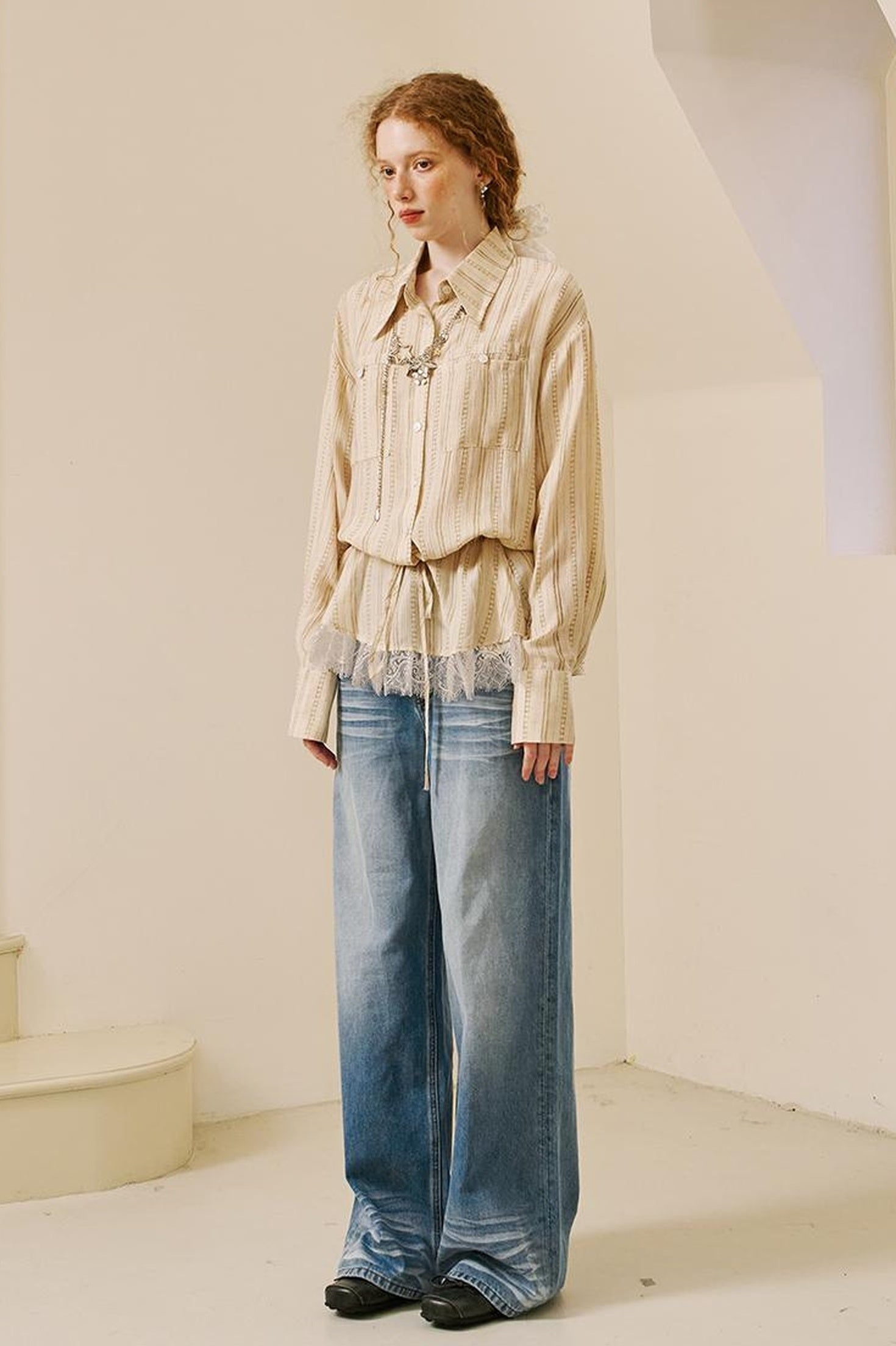 DIDDI MODA Vintage Lace Hem Drawstring Shirt Relaxed Fit