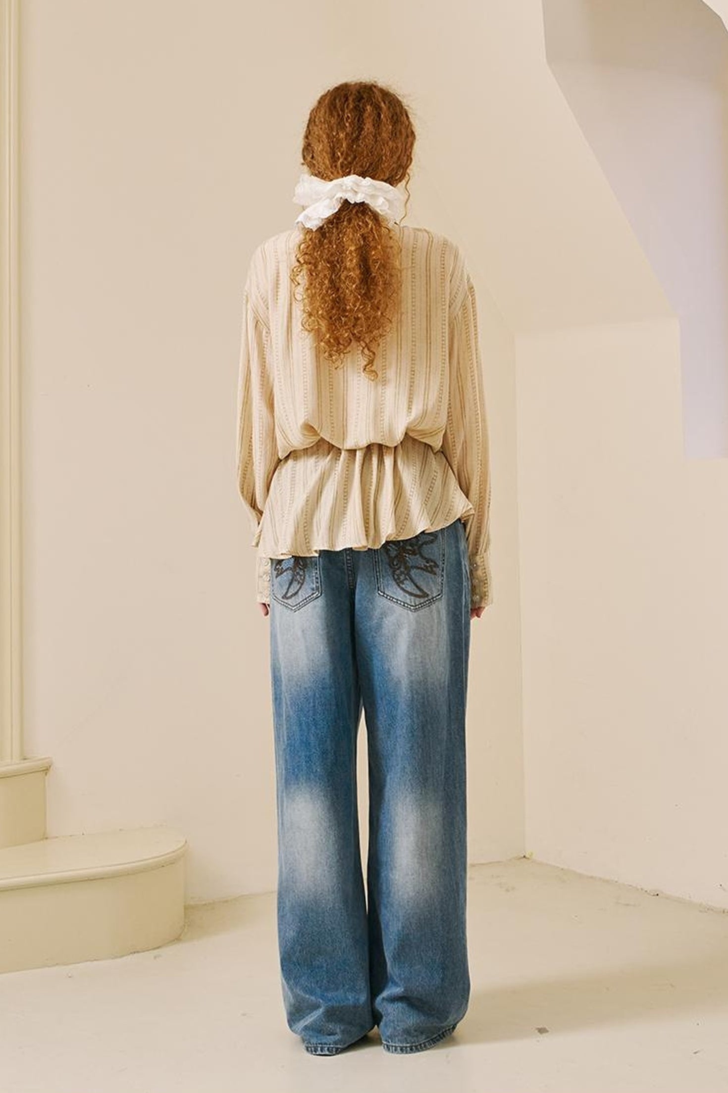 DIDDI MODA Vintage Lace Hem Drawstring Shirt Relaxed Fit