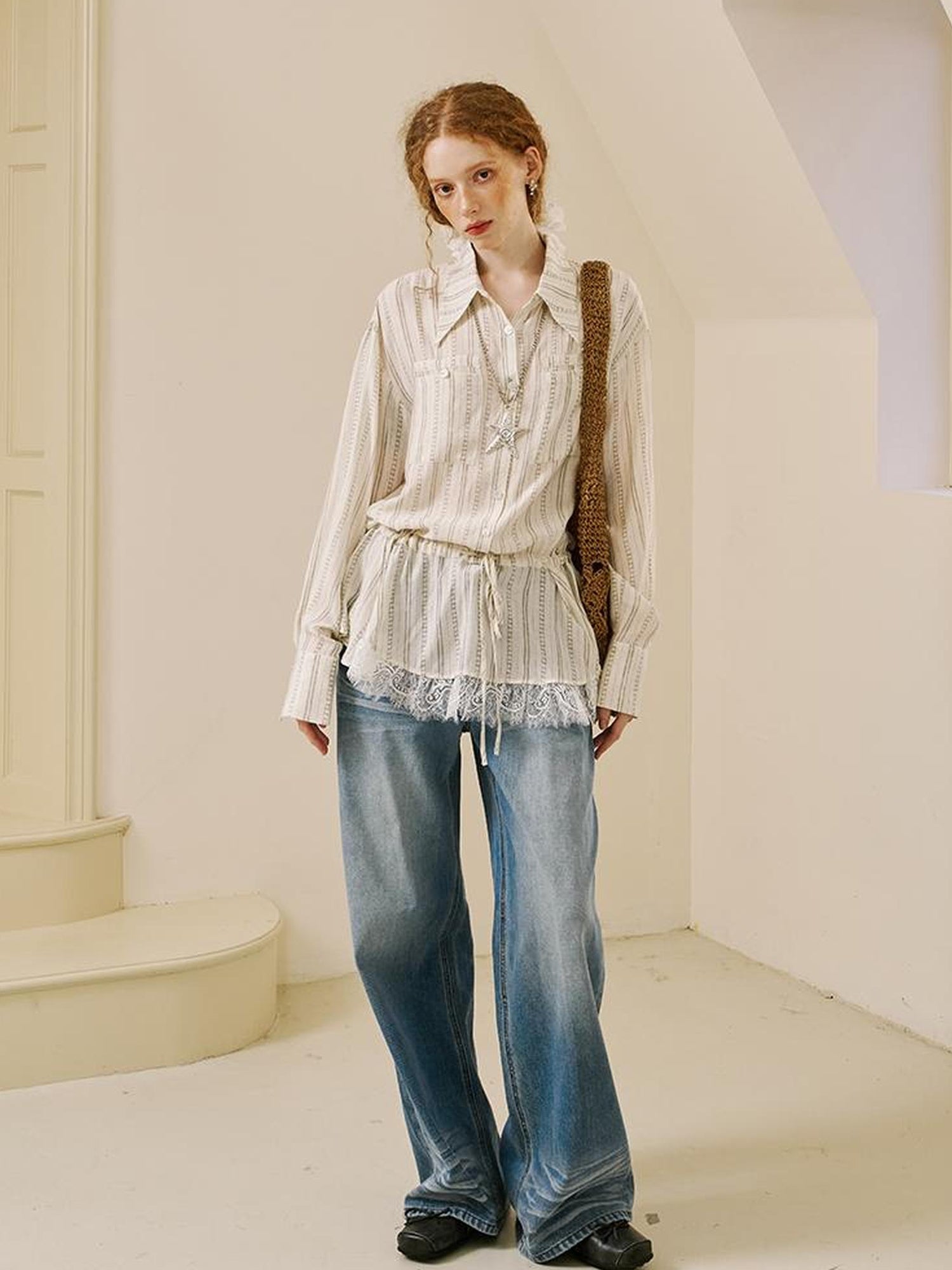 DIDDI MODA Vintage Lace Hem Drawstring Shirt Relaxed Fit