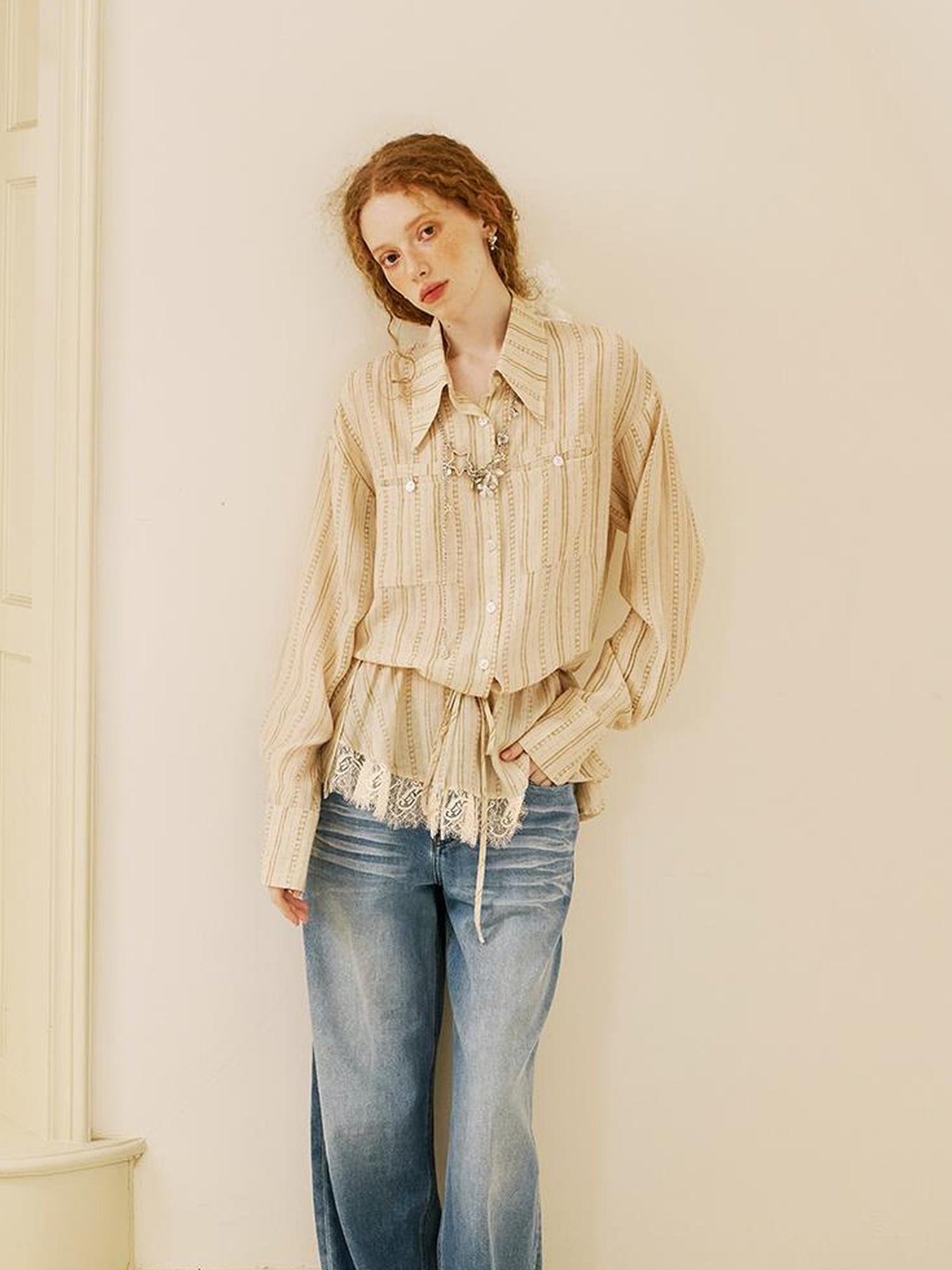 DIDDI MODA Vintage Lace Hem Drawstring Shirt Relaxed Fit