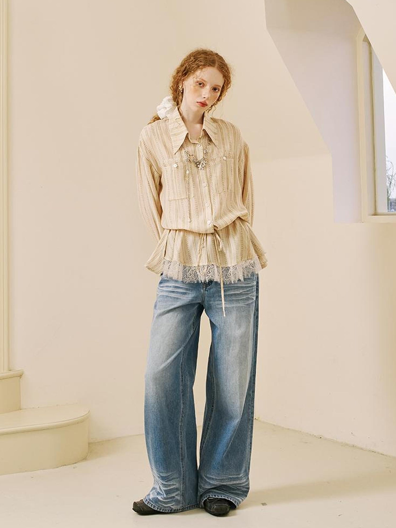 DIDDI MODA Vintage Lace Hem Drawstring Shirt Relaxed Fit