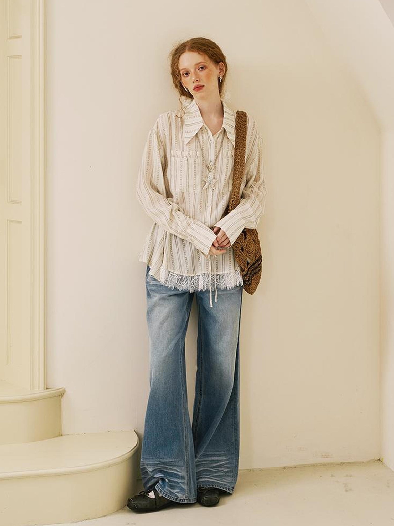 DIDDI MODA Vintage Lace Hem Drawstring Shirt Relaxed Fit