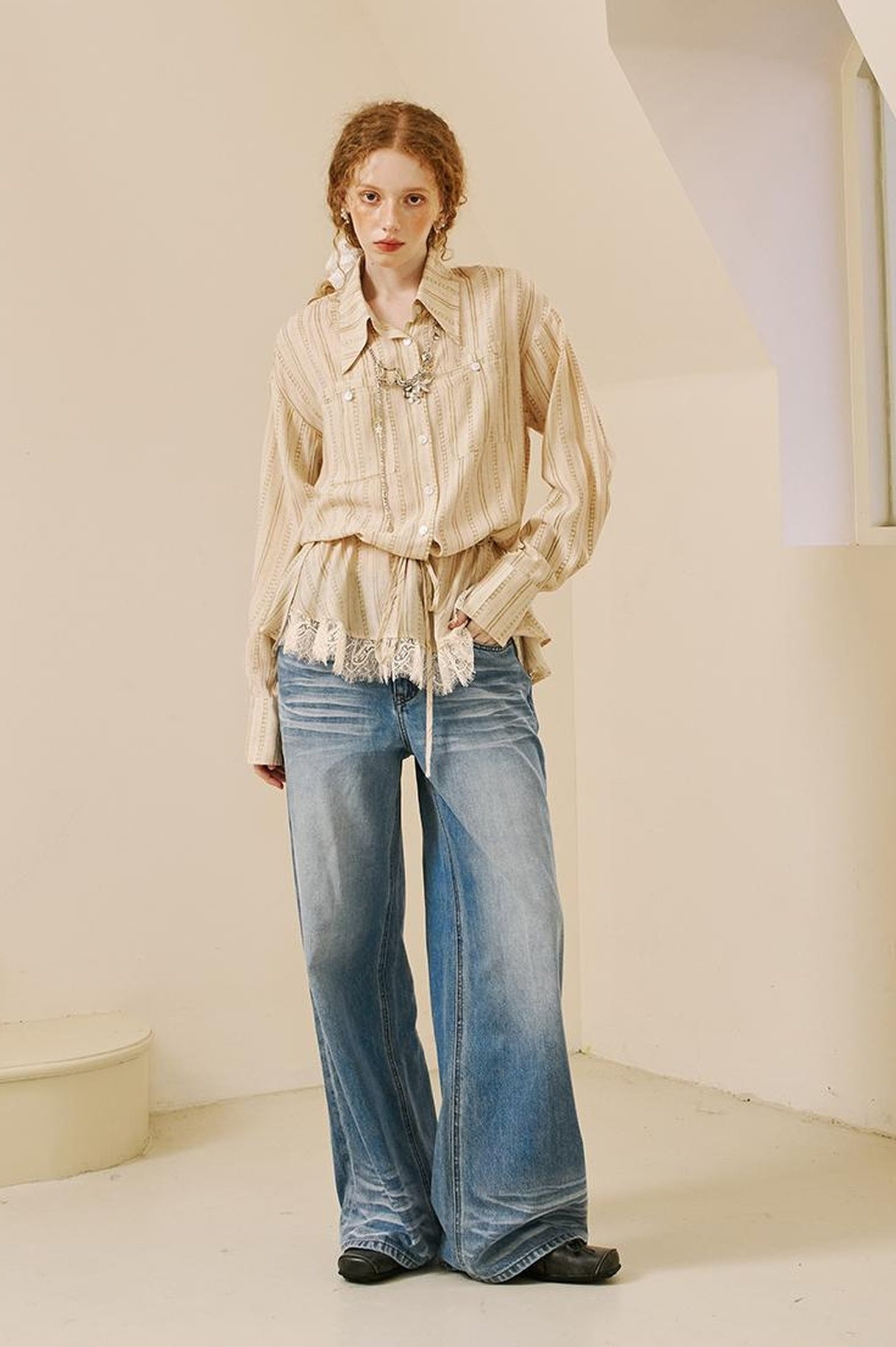 DIDDI MODA Vintage Lace Hem Drawstring Shirt Relaxed Fit