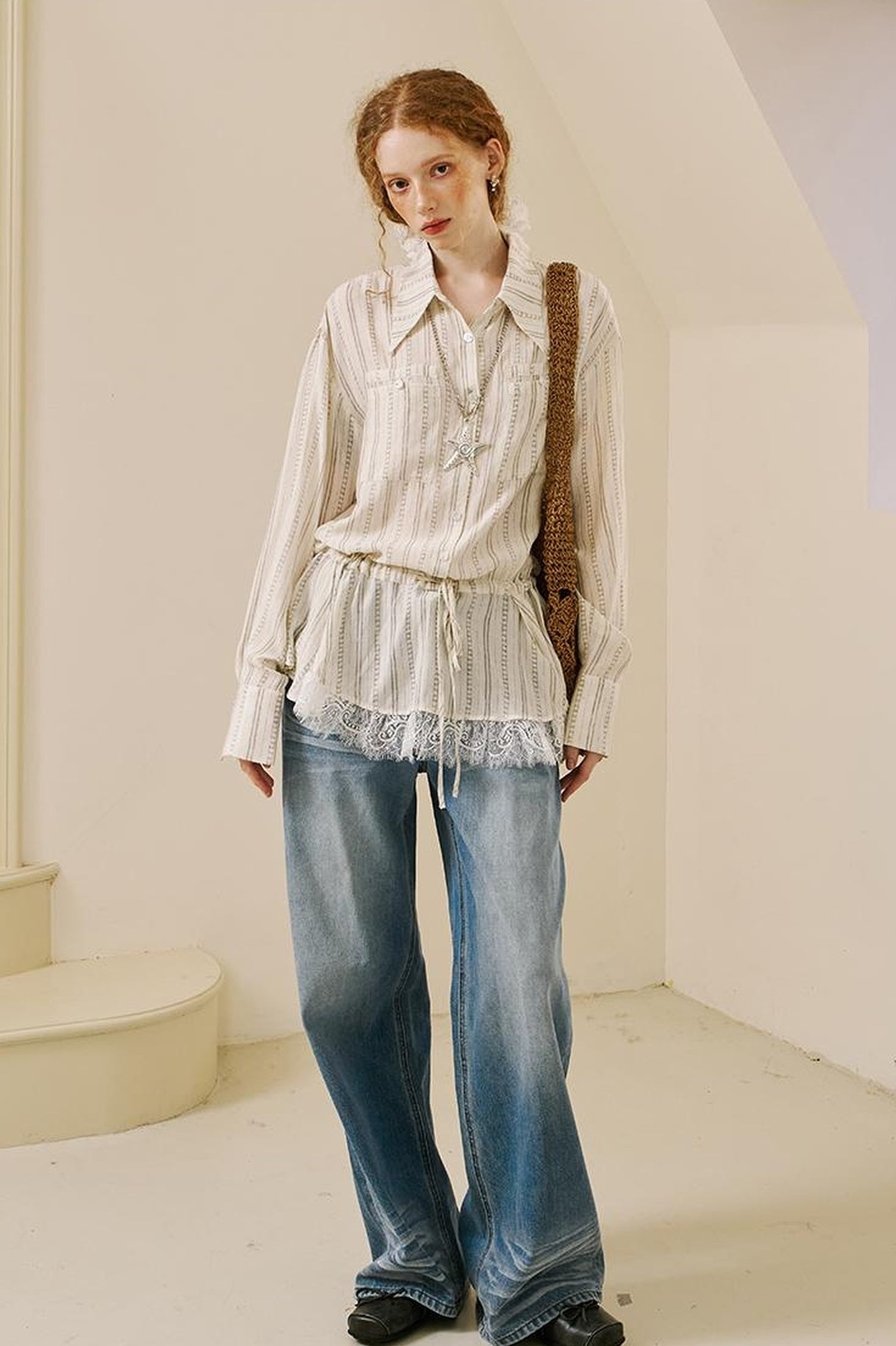 DIDDI MODA Vintage Lace Hem Drawstring Shirt Relaxed Fit