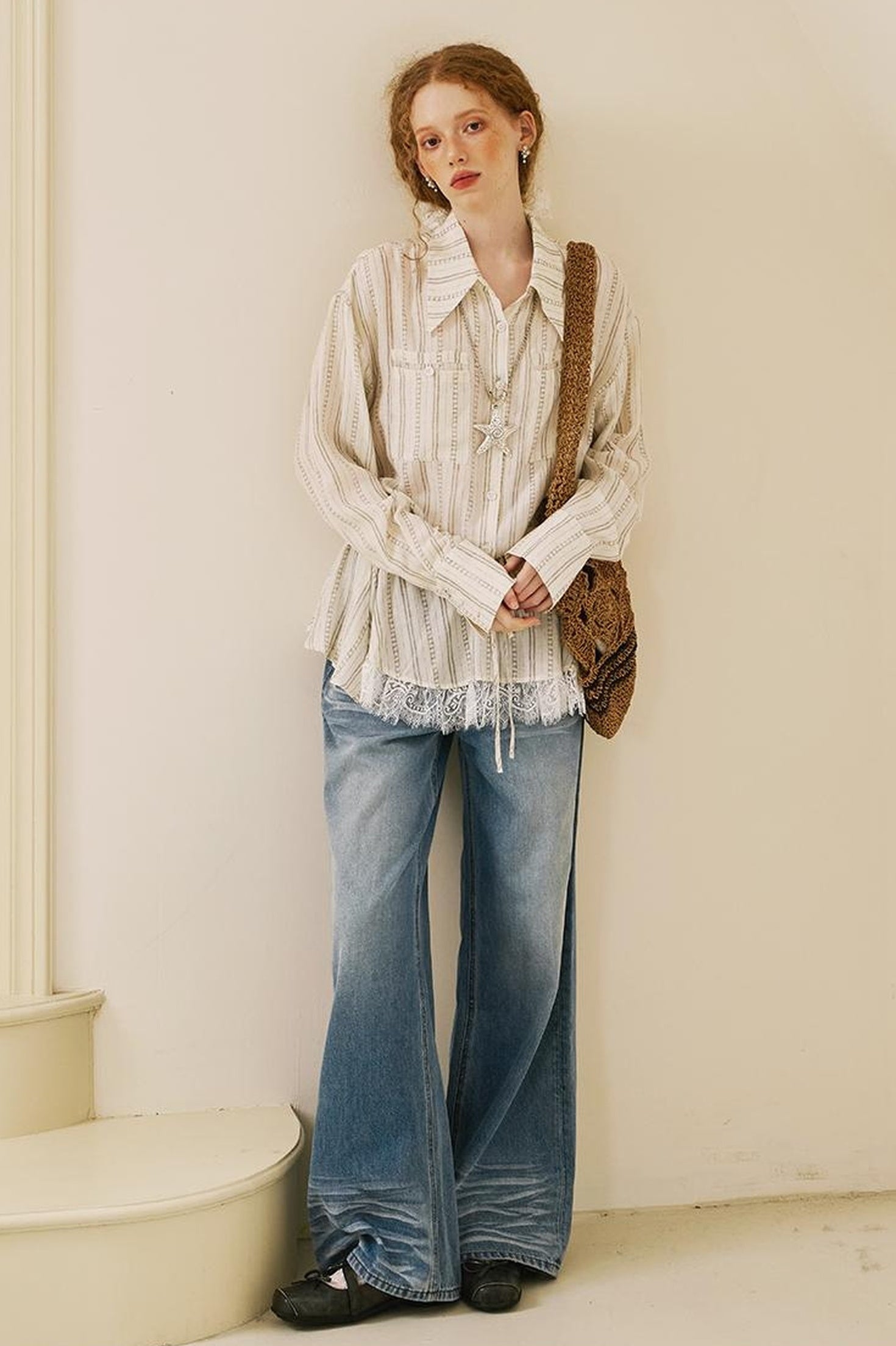 DIDDI MODA Vintage Lace Hem Drawstring Shirt Relaxed Fit