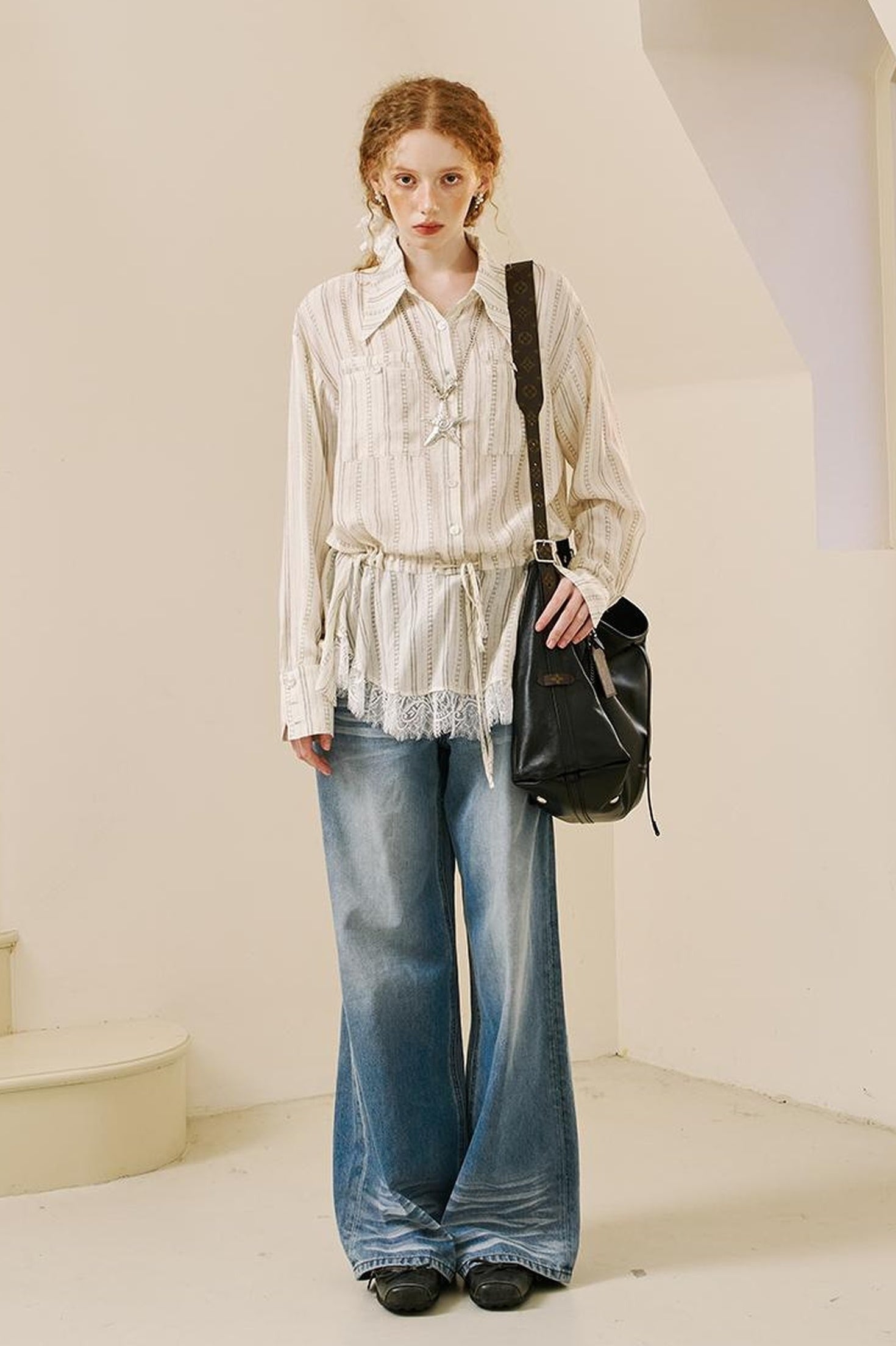 DIDDI MODA Vintage Lace Hem Drawstring Shirt Relaxed Fit