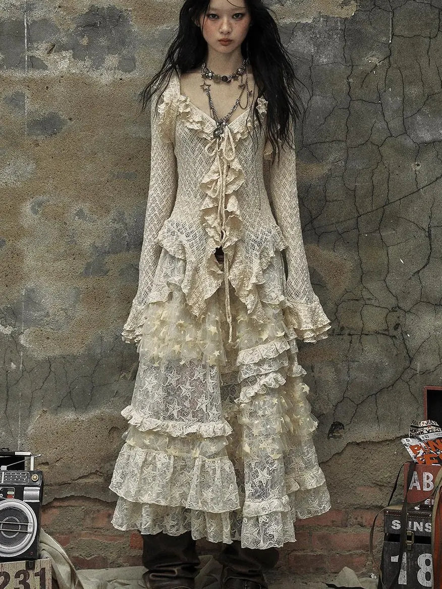 Vintage Lace High Waist Romantic Tiered Tulle Dress