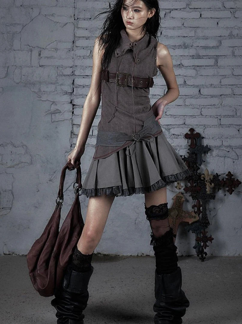 Vintage Lace Patchwork Washed Mini Puff Skirt