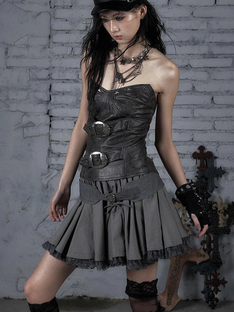 Vintage Lace Patchwork Washed Mini Puff Skirt