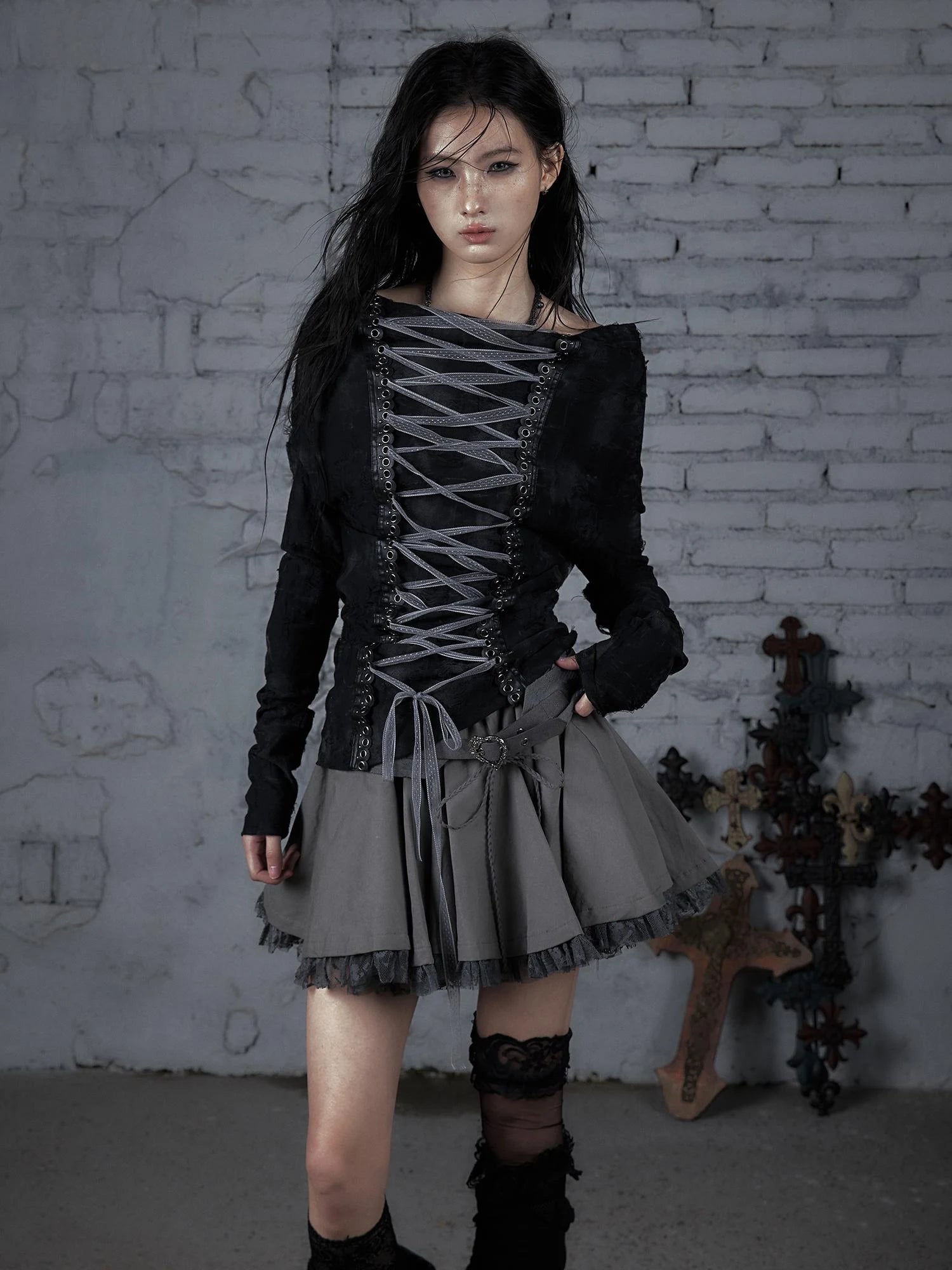 Vintage Lace Patchwork Washed Mini Puff Skirt