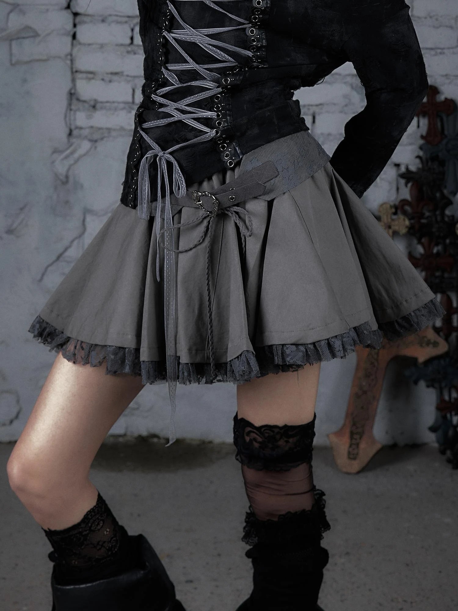 Vintage Lace Patchwork Washed Mini Puff Skirt
