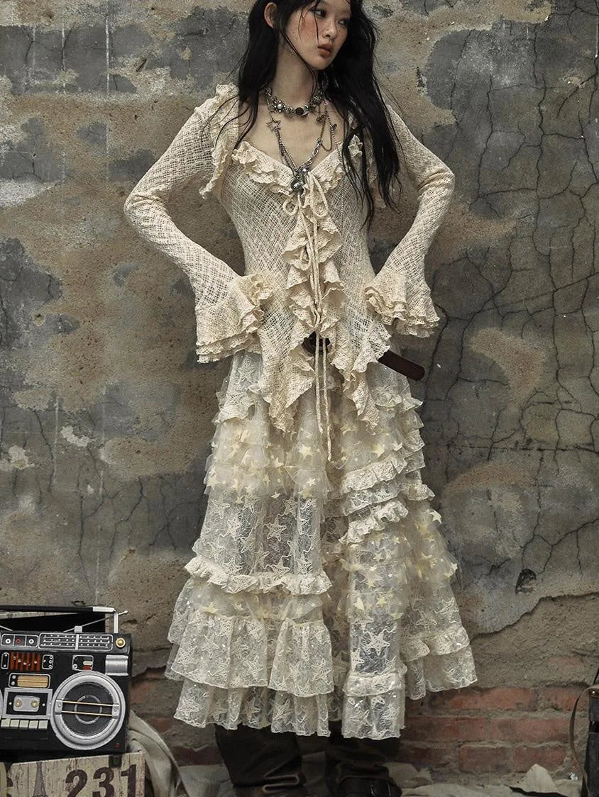 Vintage Lace Ruffle Bell Sleeve Blouse Shirt