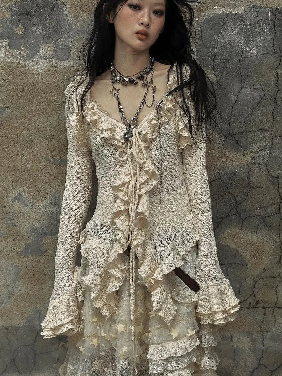 Vintage Lace Ruffle Bell Sleeve Blouse Shirt