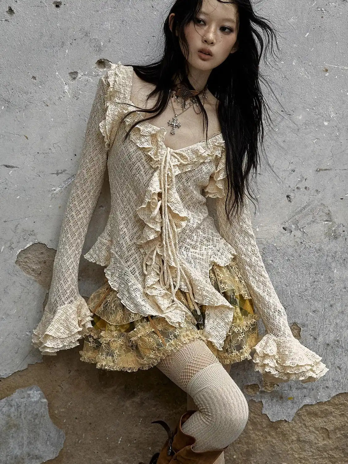 Vintage Lace Ruffle Bell Sleeve Blouse Shirt