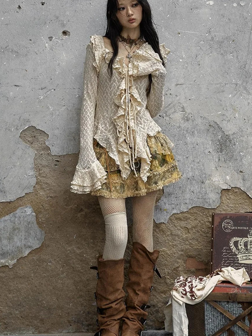 Vintage Lace Ruffle Bell Sleeve Blouse Shirt
