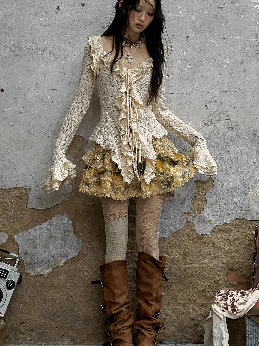 Vintage Lace Ruffle Bell Sleeve Blouse Shirt