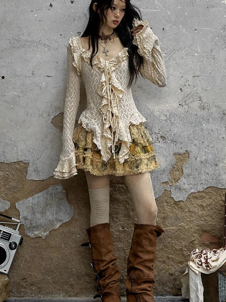 Vintage Lace Ruffle Bell Sleeve Blouse Shirt