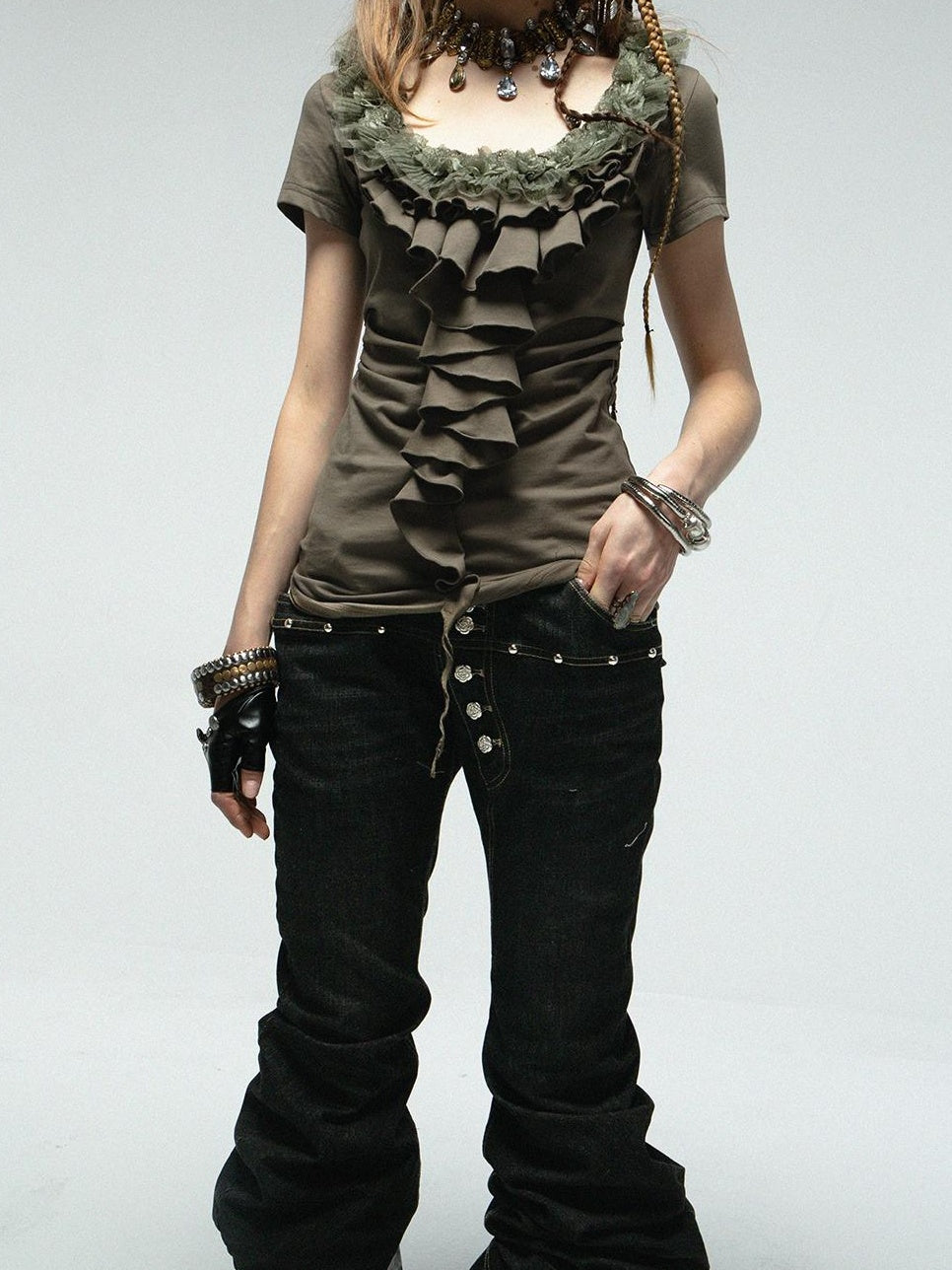 DoublePunch Vintage Lace Ruffled Slim Fit Square Neck T-Shirt