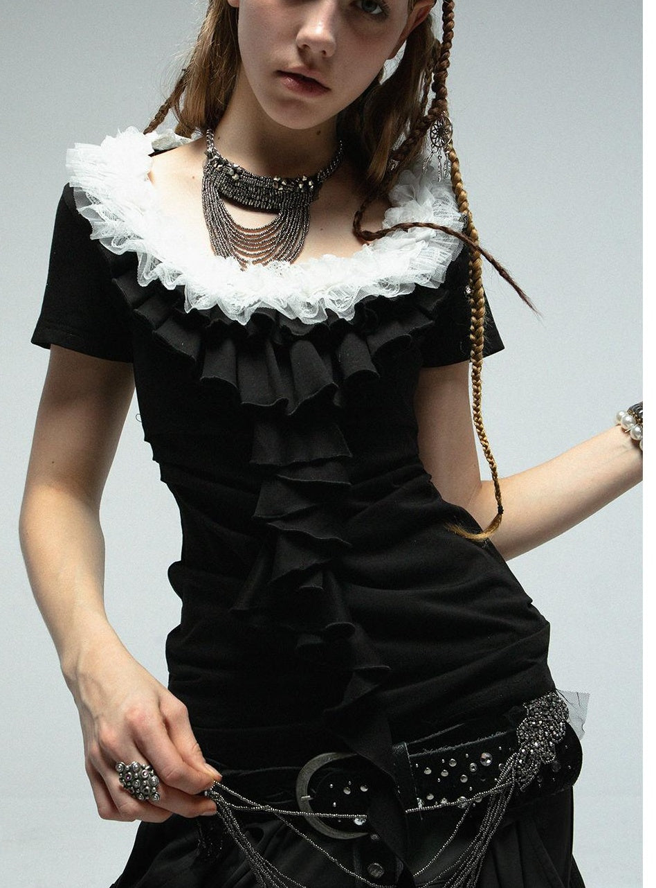 DoublePunch Vintage Lace Ruffled Slim Fit Square Neck T-Shirt