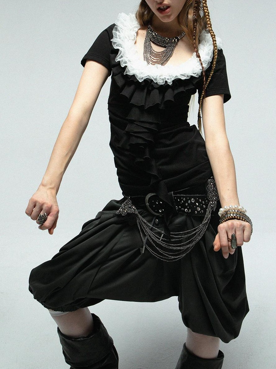 DoublePunch Vintage Lace Ruffled Slim Fit Square Neck T-Shirt