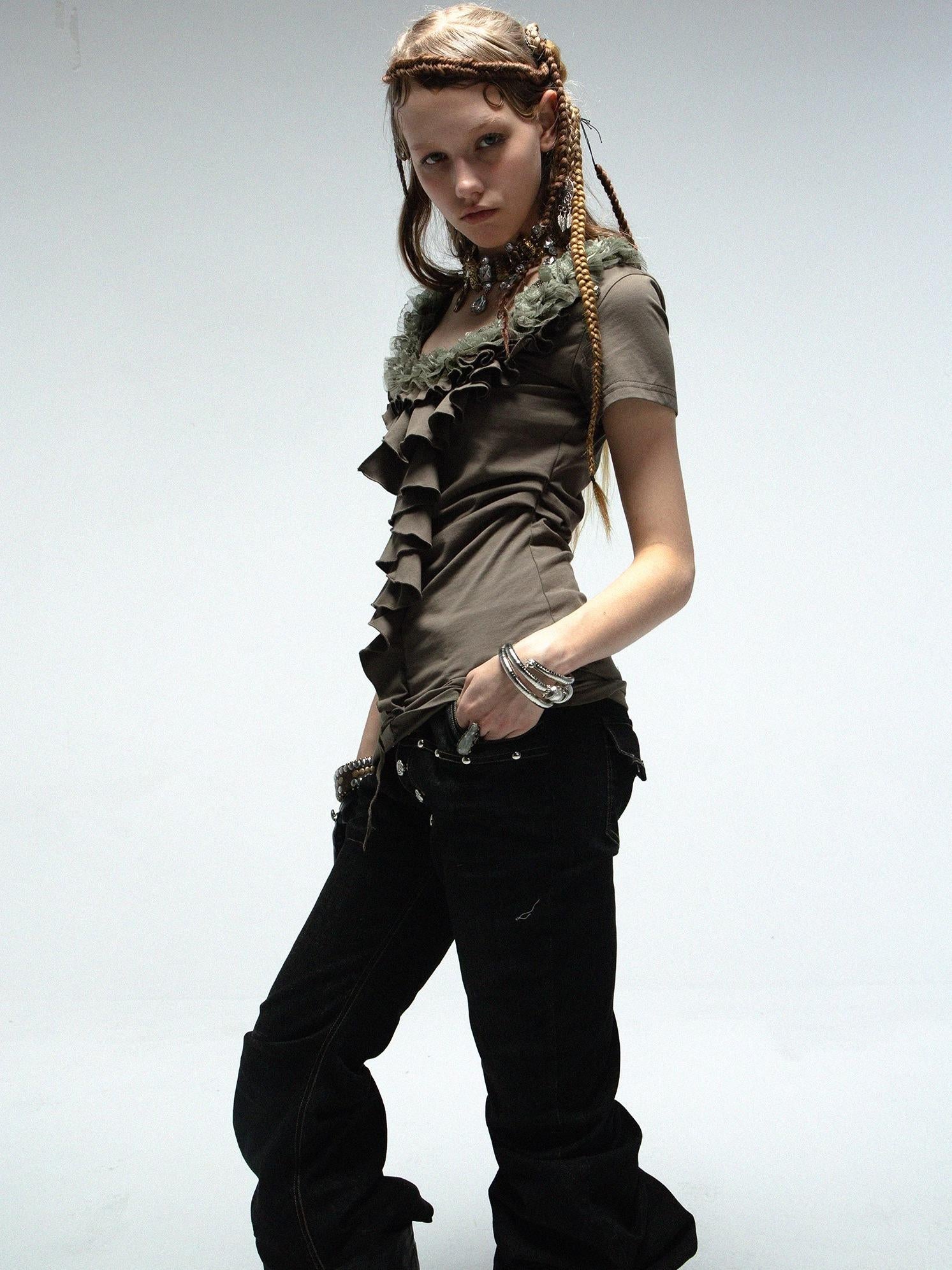 DoublePunch Vintage Lace Ruffled Slim Fit Square Neck T-Shirt