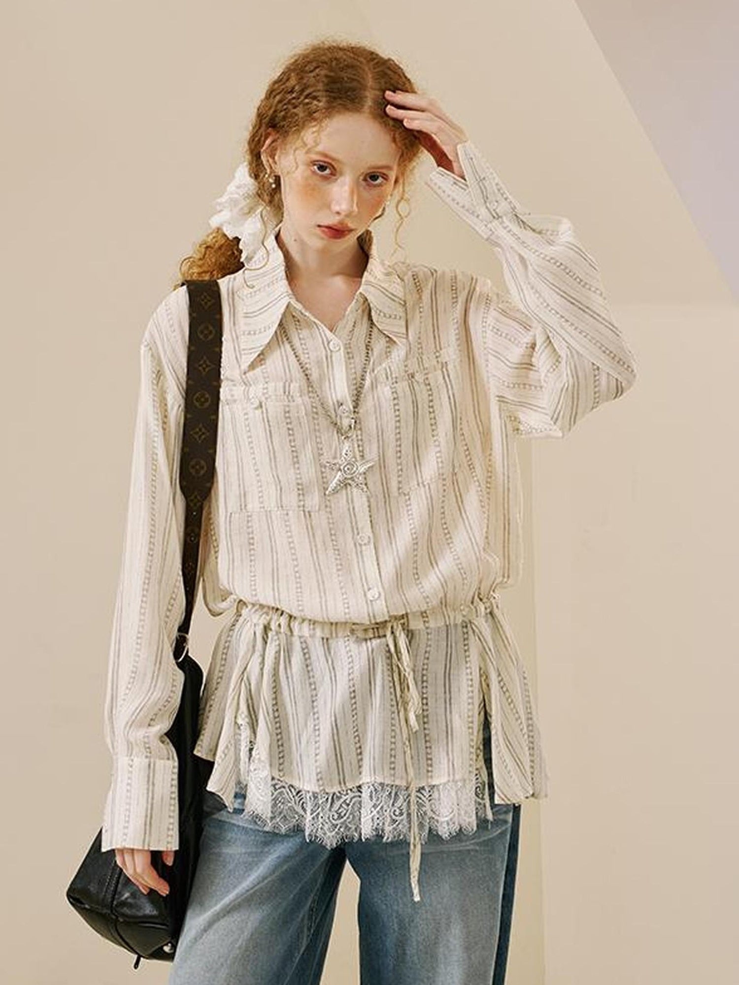 DIDDI MODA Vintage Lace Trim Bow Tie Blouse