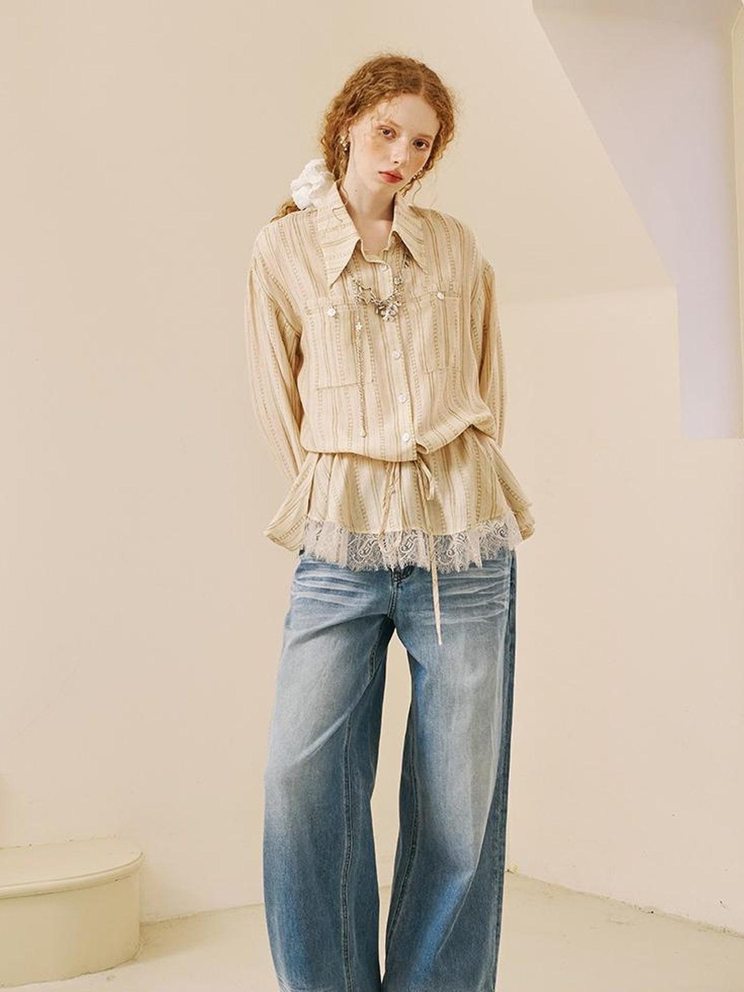 DIDDI MODA Vintage Lace Trim Bow Tie Blouse