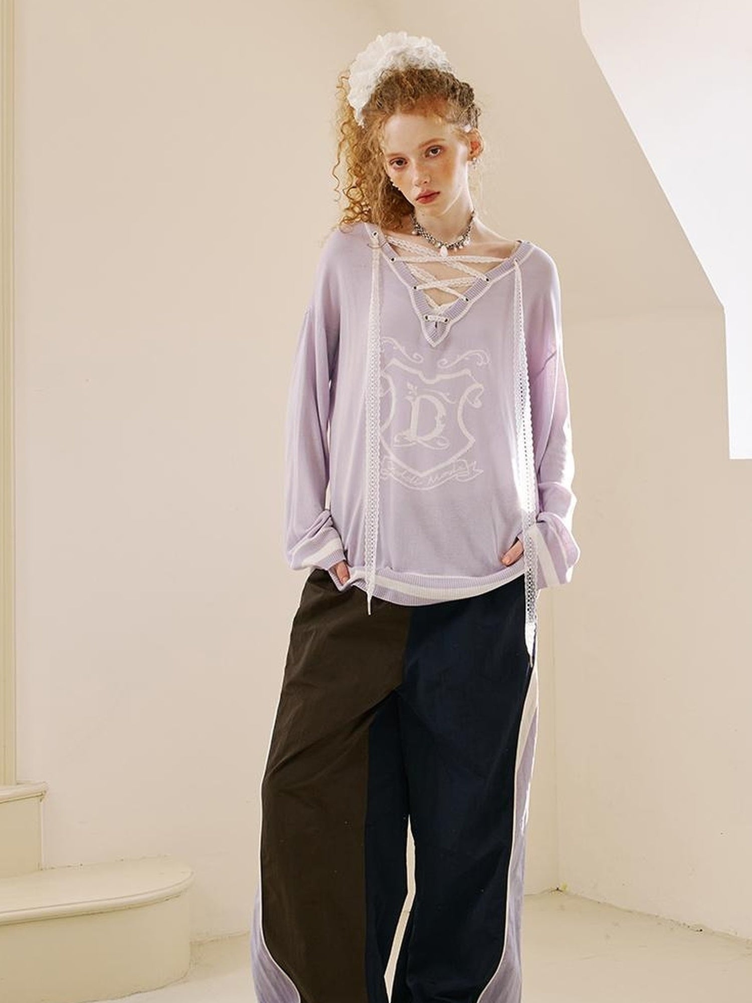 DIDDI MODA Vintage Lace Trim Bow Tie Blouse