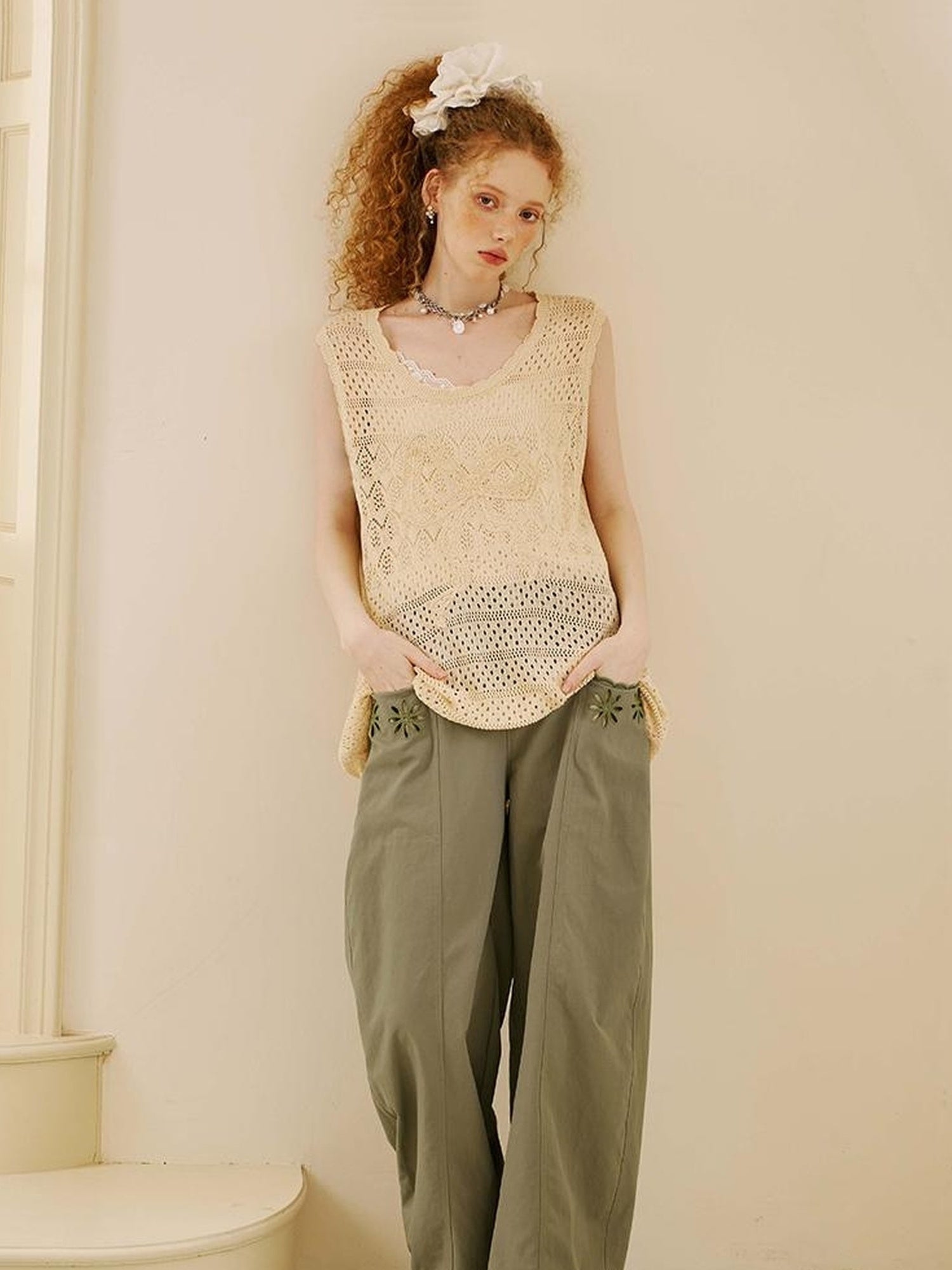 DIDDI MODA Vintage Lace Trim Bow Tie Blouse