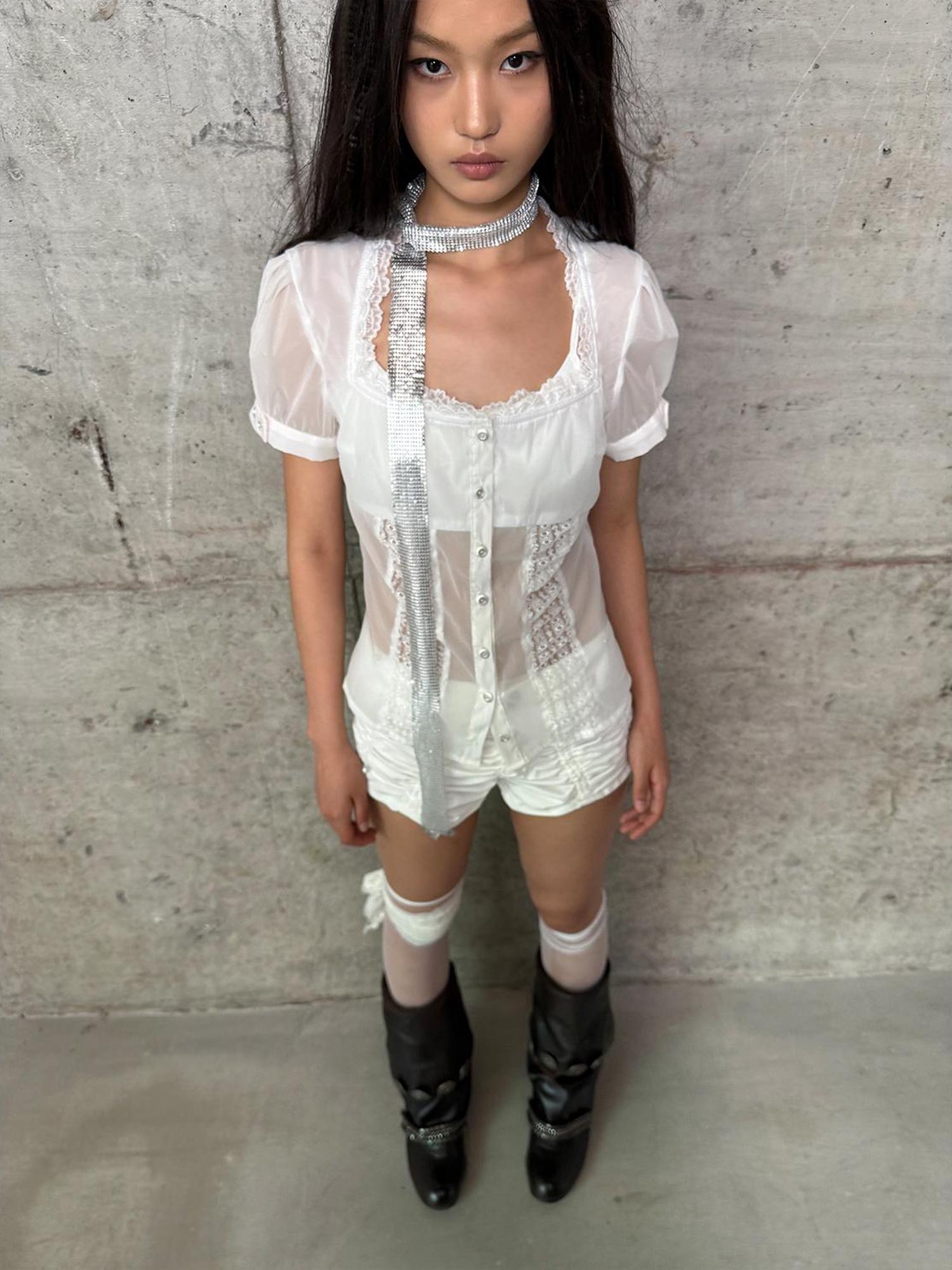DoublePunch Vintage Lace Trim Princess Sleeve Blouse With Square Neck