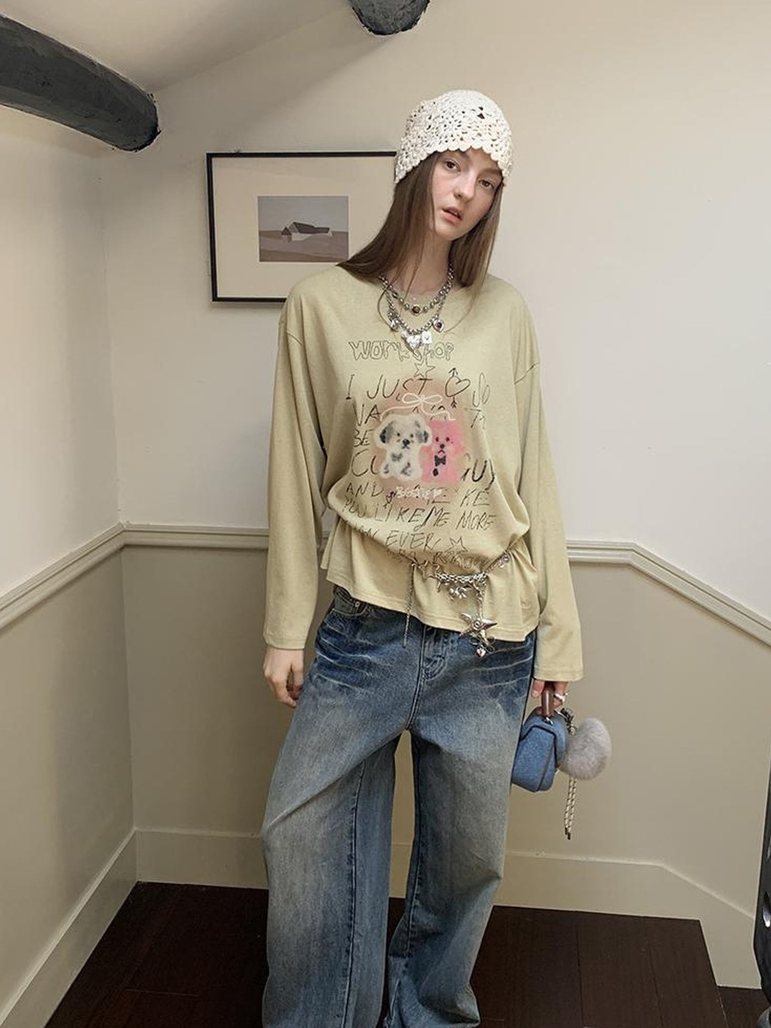 DIDDI MODA Vintage Lace Trimmed Distressed Relaxed Fit Jeans