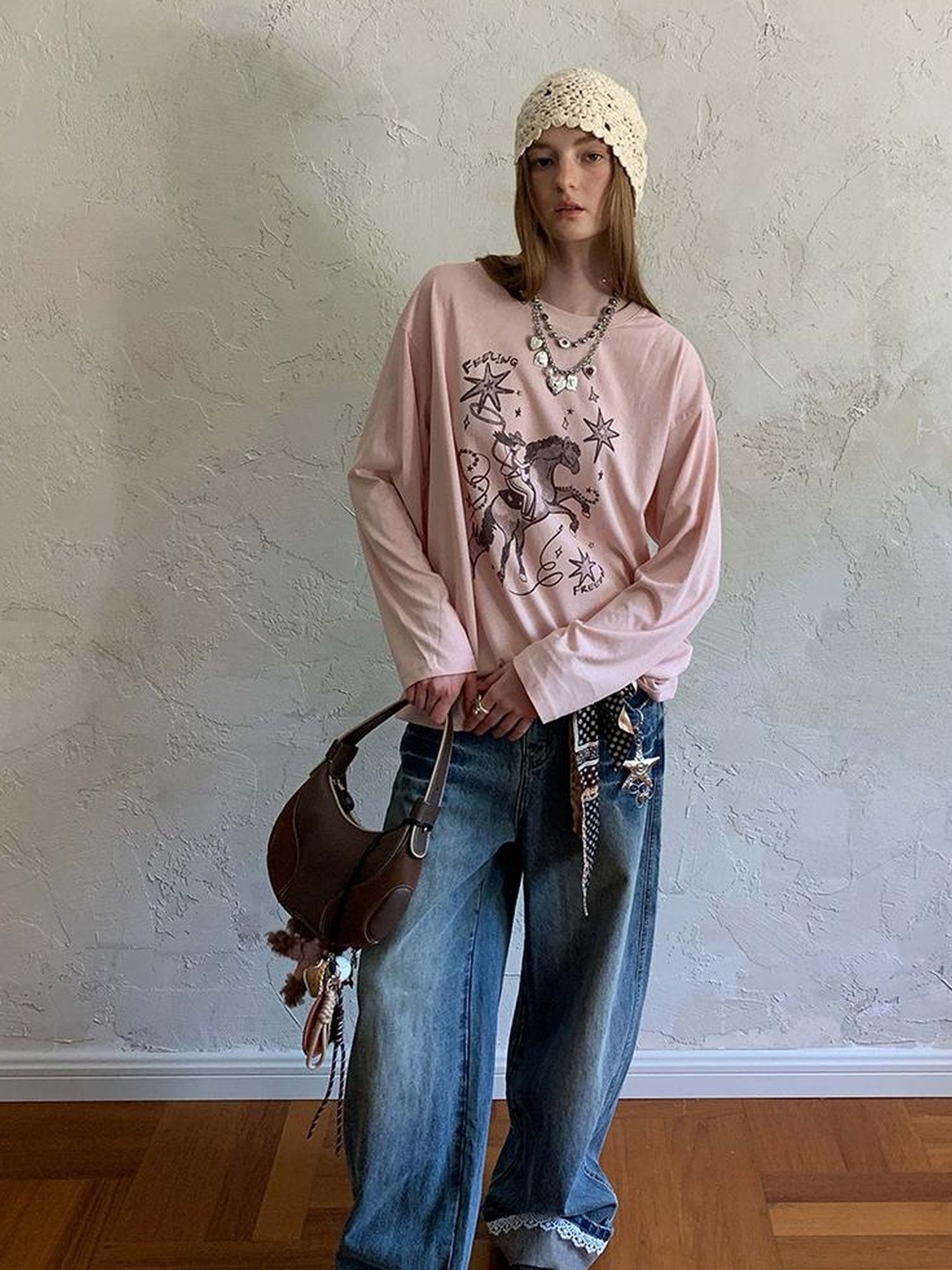 DIDDI MODA Vintage Lace Trimmed Distressed Relaxed Fit Jeans