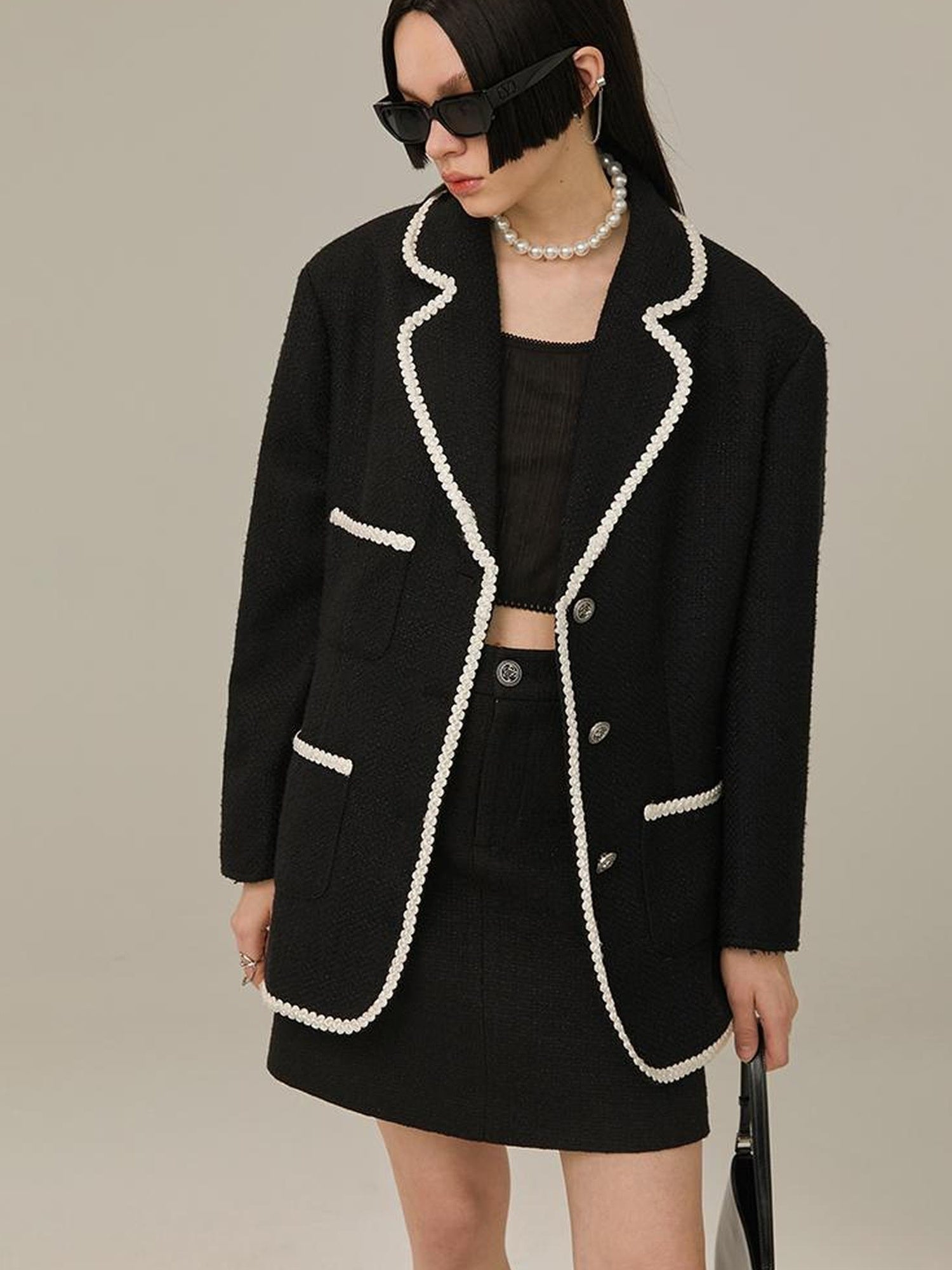 DIDDI MODA Vintage Lace Trimmed Knit Blazer With Multi Pockets