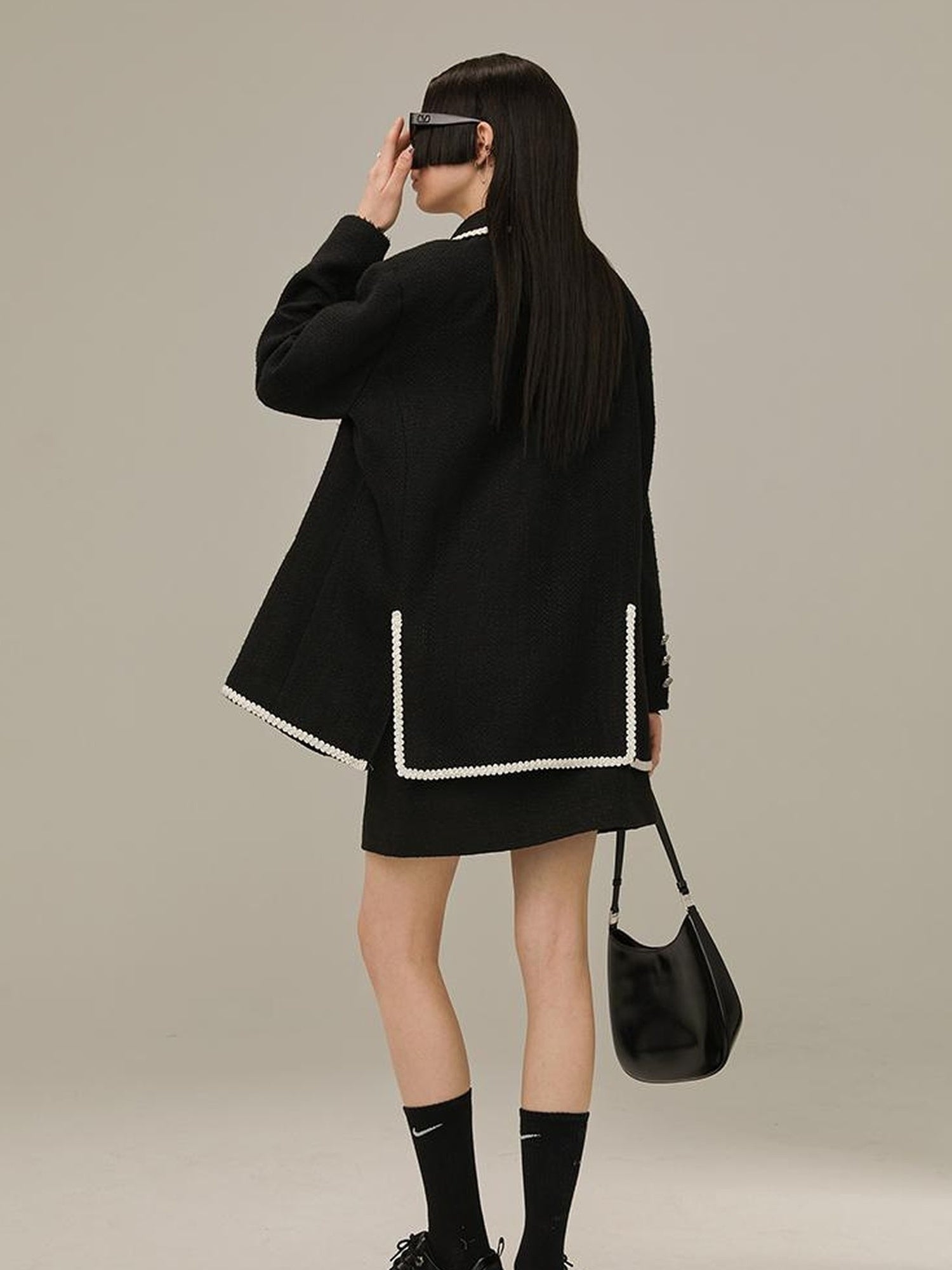 DIDDI MODA Vintage Lace Trimmed Knit Blazer With Multi Pockets