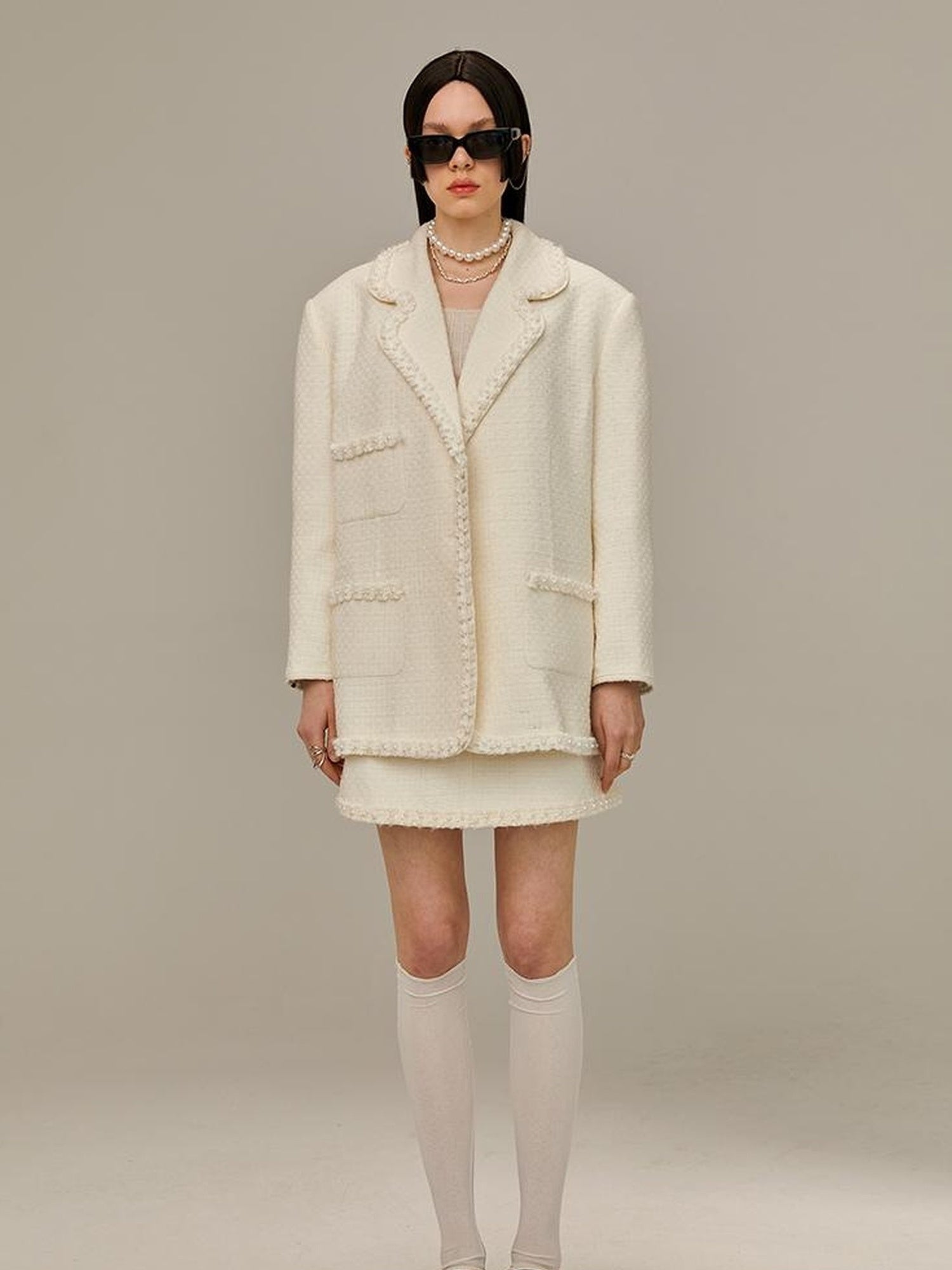 DIDDI MODA Vintage Lace Trimmed Knit Blazer With Multi Pockets