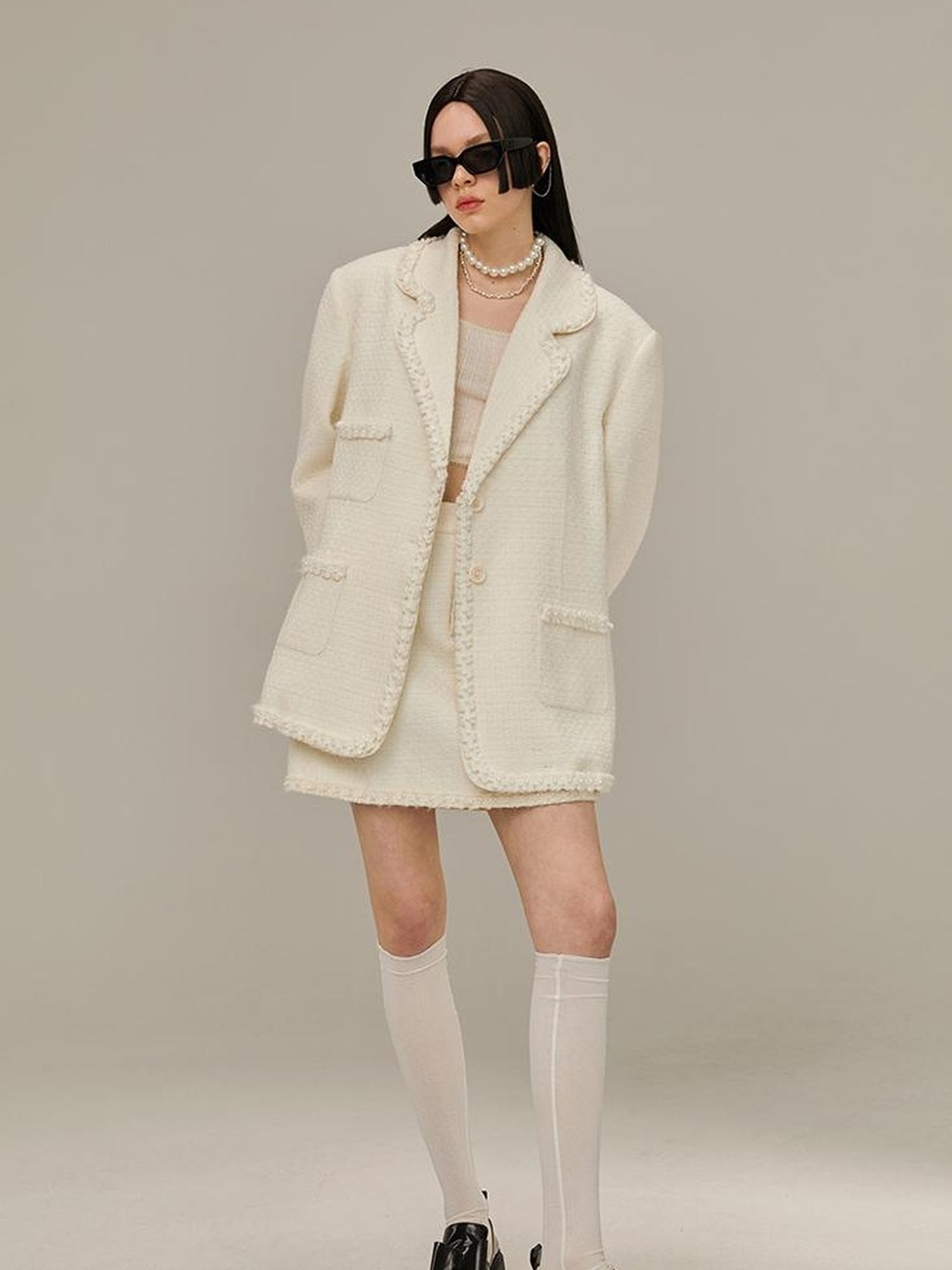 DIDDI MODA Vintage Lace Trimmed Knit Blazer With Multi Pockets