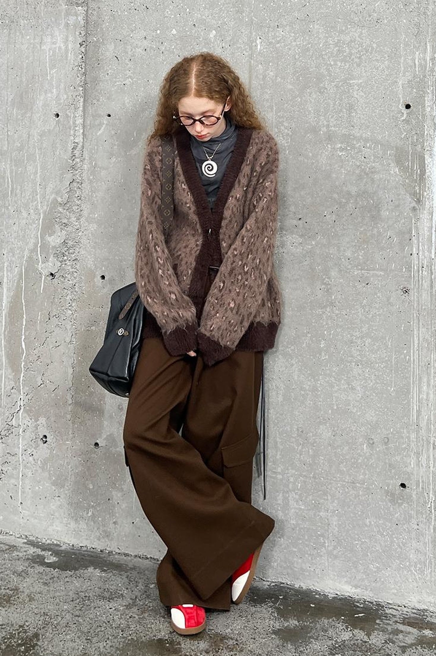 DIDDI MODA Vintage Leopard Knit Set Cardigan Skirt