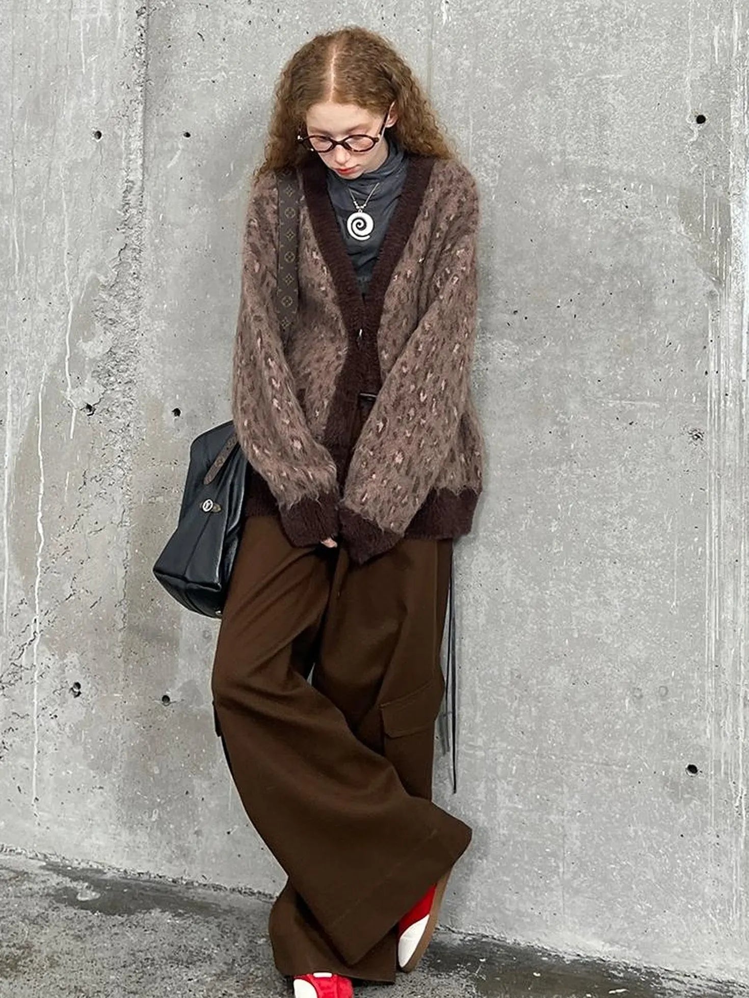 Vintage Leopard Knit Set Cardigan Skirt