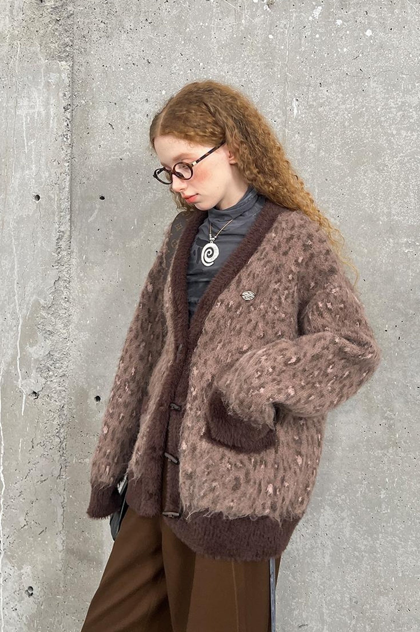 DIDDI MODA Vintage Leopard Knit Set Cardigan Skirt