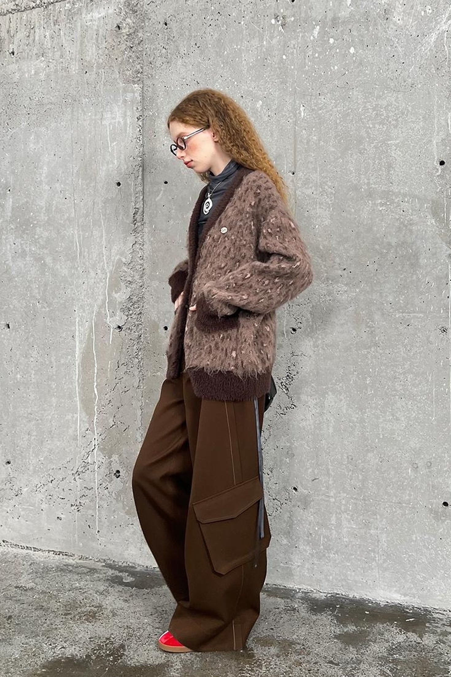 DIDDI MODA Vintage Leopard Knit Set Cardigan Skirt
