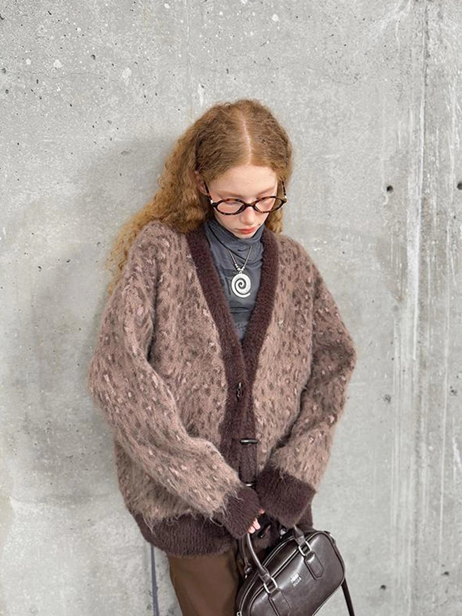 Vintage Leopard Knit Set Cardigan Skirt