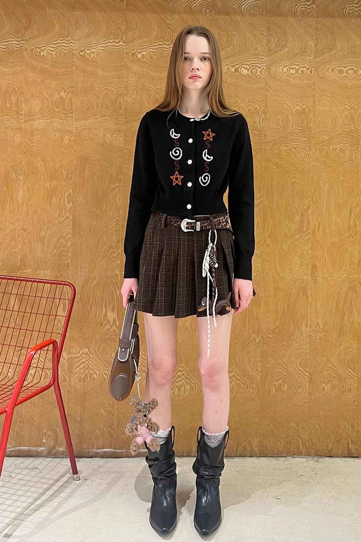 DIDDI MODA Vintage Leopard Knit Set Cardigan Skirt