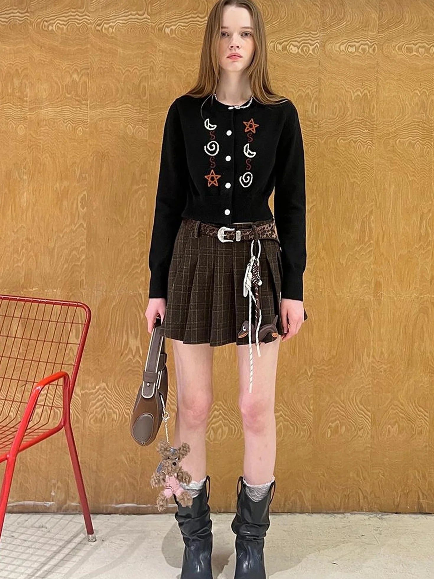 Vintage Leopard Knit Set Cardigan Skirt