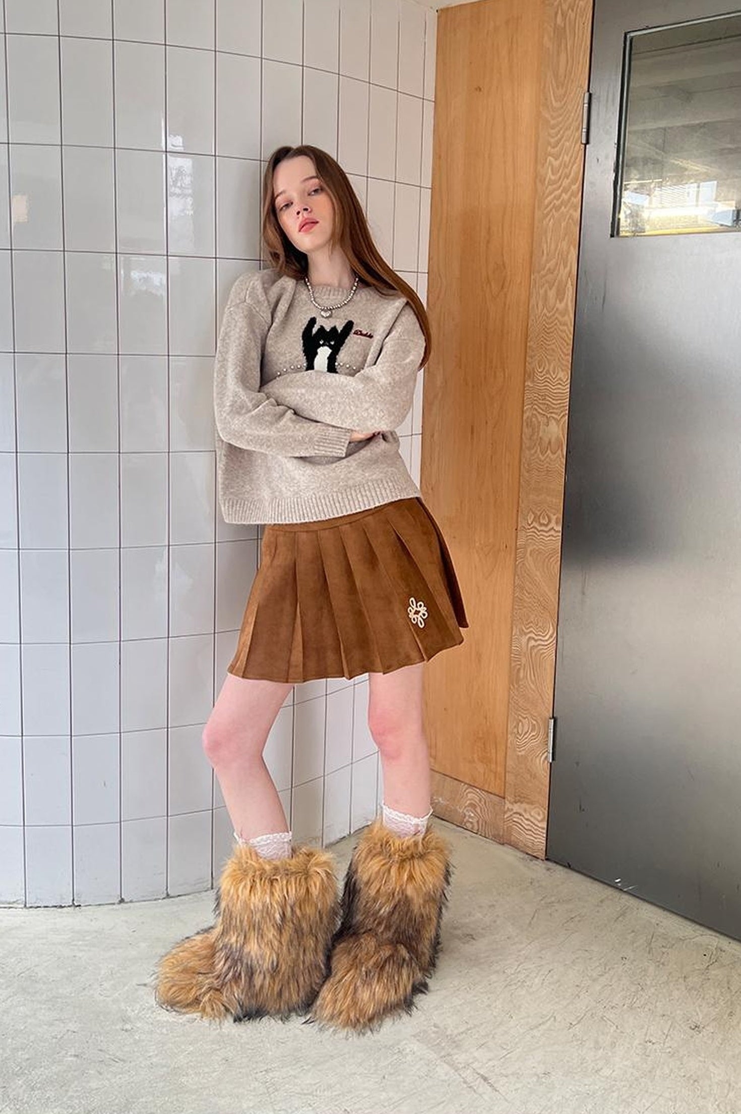 DIDDI MODA Vintage Leopard Knit Set Cardigan Skirt