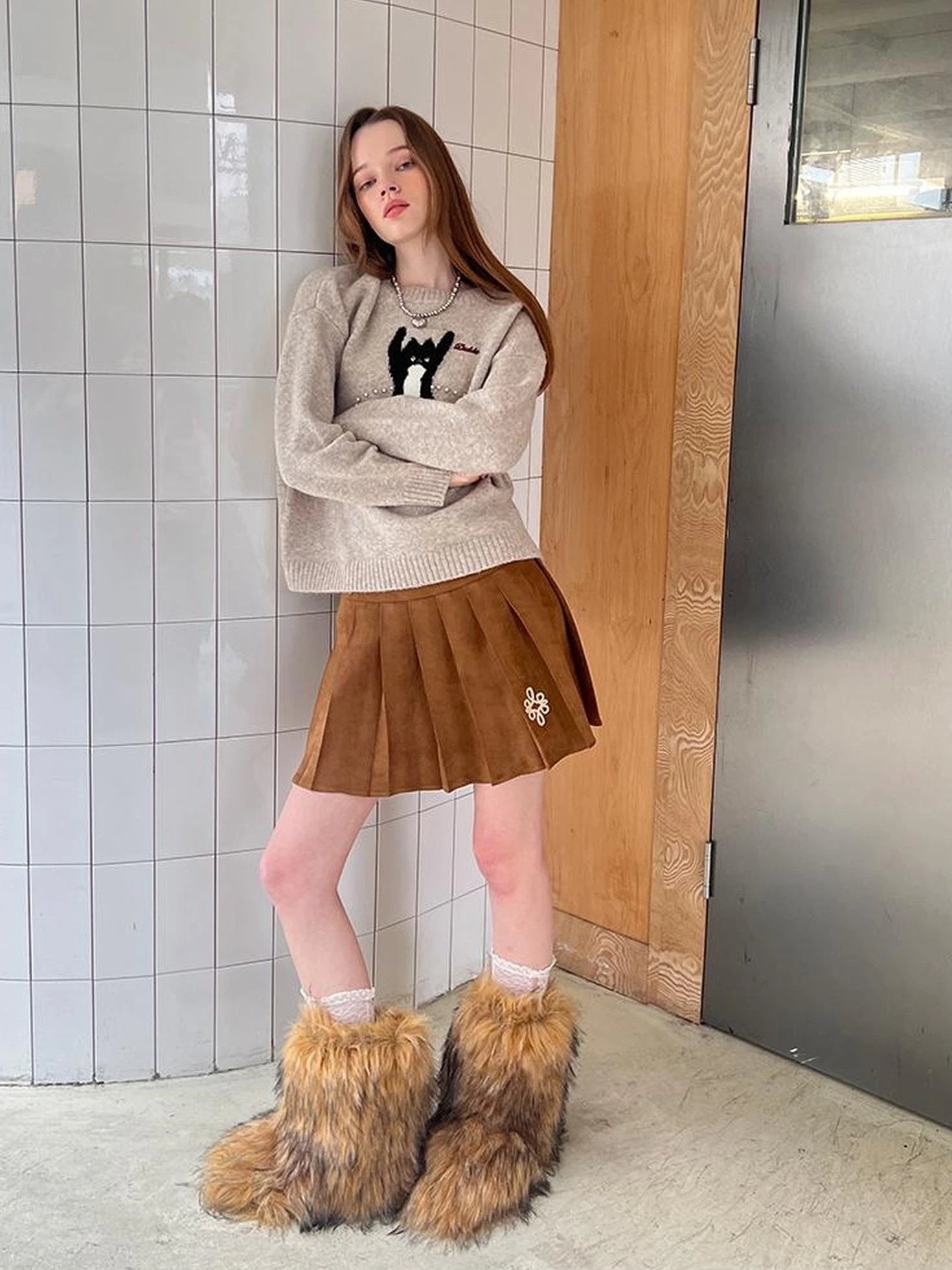 Vintage Leopard Knit Set Cardigan Skirt