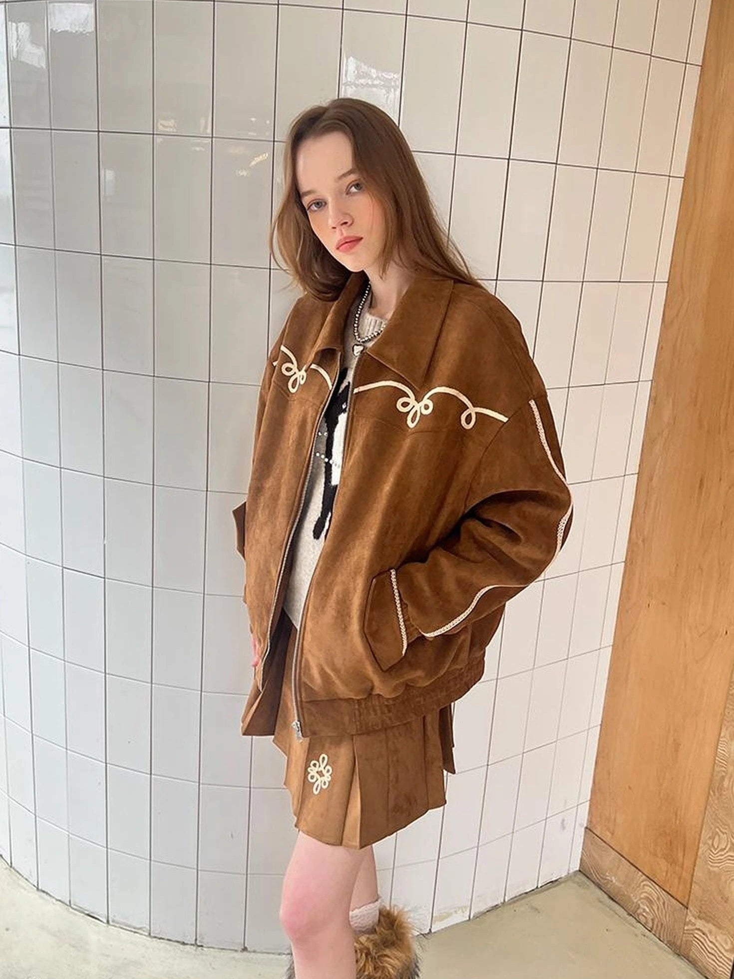 Vintage Leopard Knit Set Cardigan Skirt