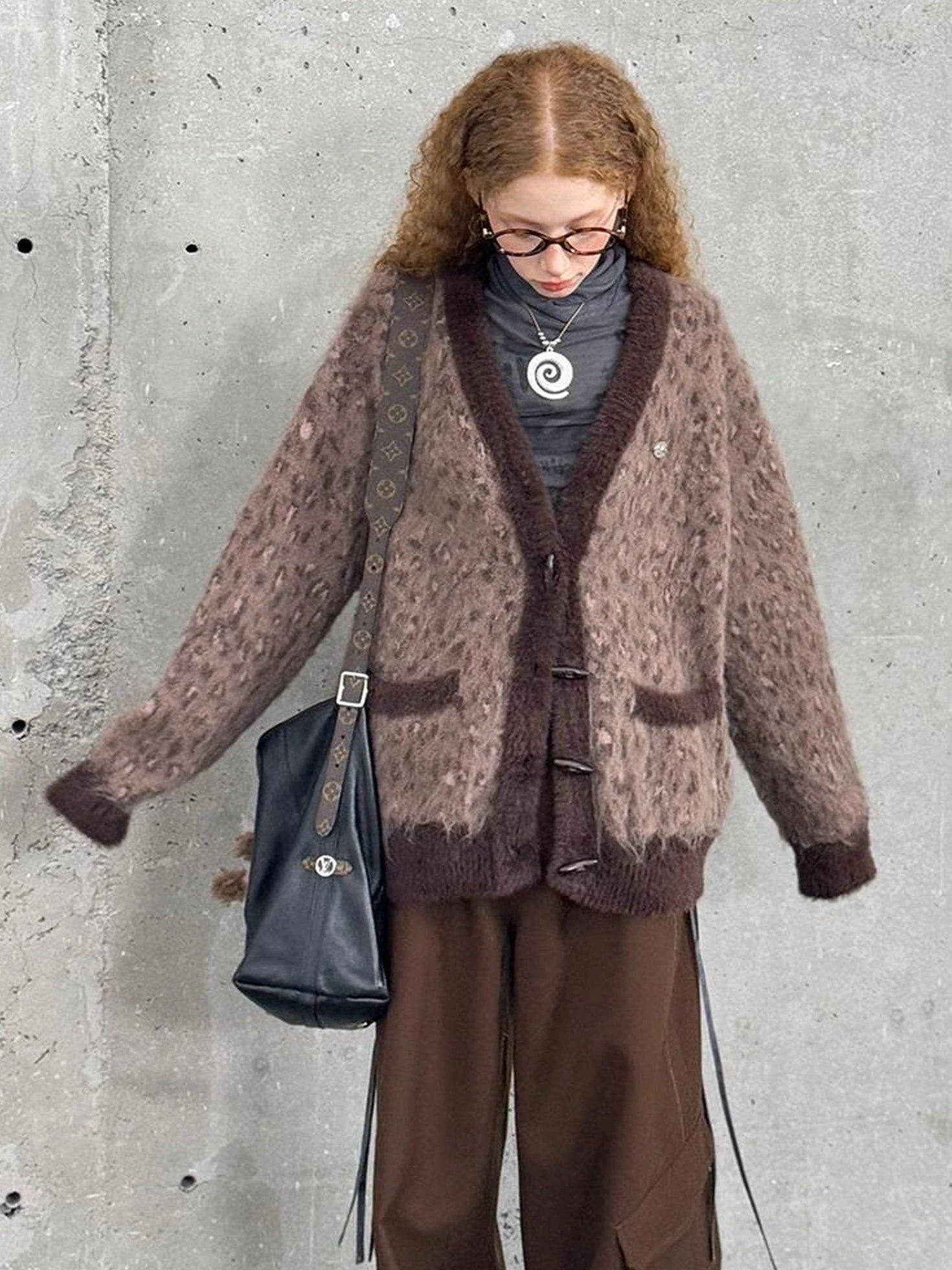 Vintage Leopard Knit Set Cardigan Skirt