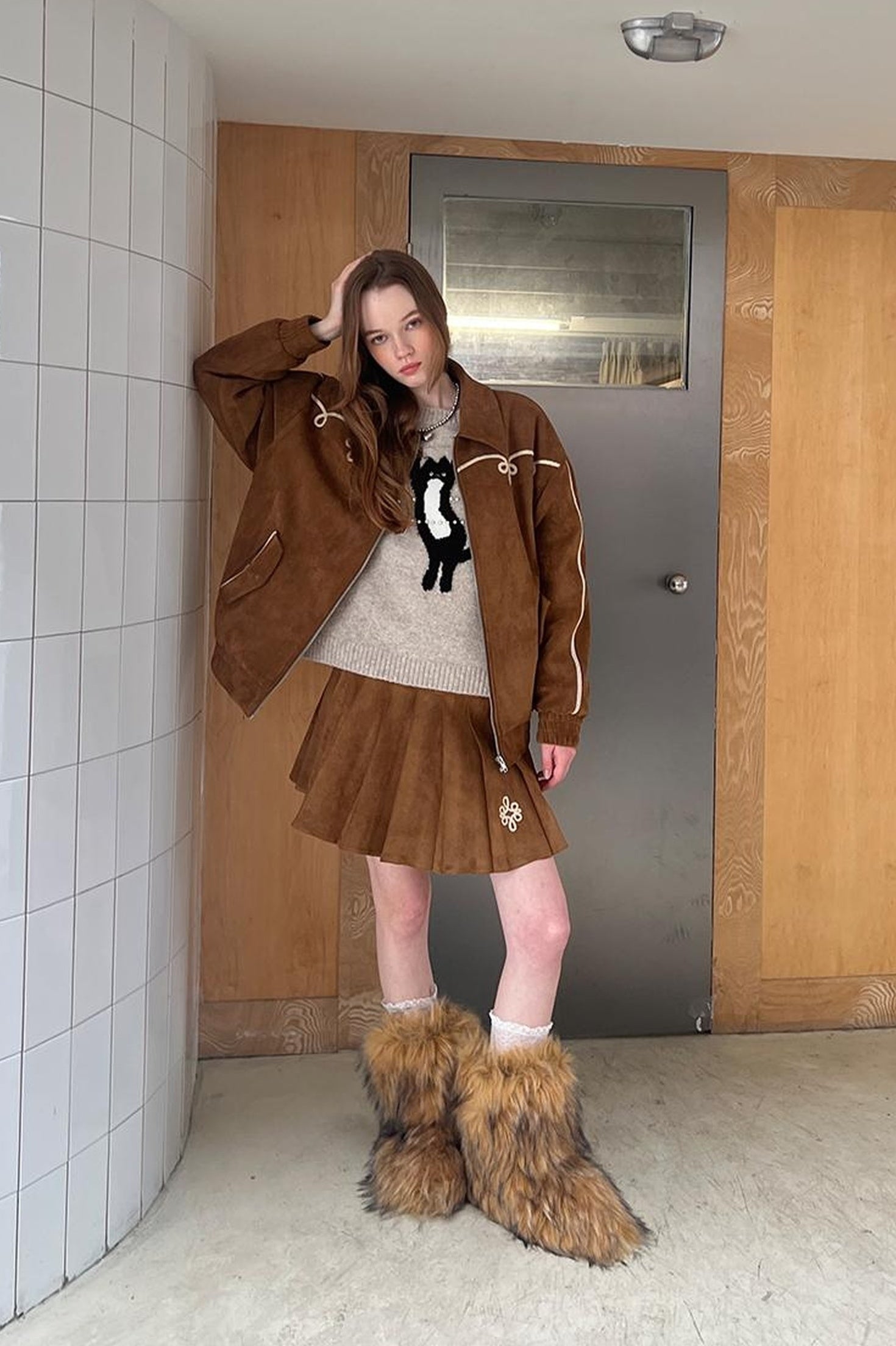 DIDDI MODA Vintage Leopard Knit Set Cardigan Skirt
