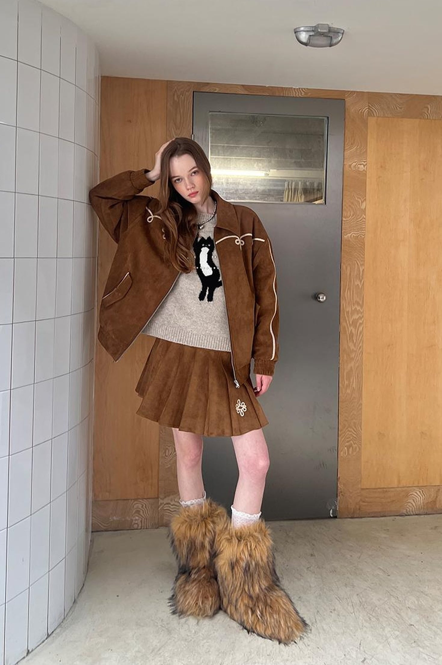 DIDDI MODA Vintage Leopard Knit Set Cardigan Skirt